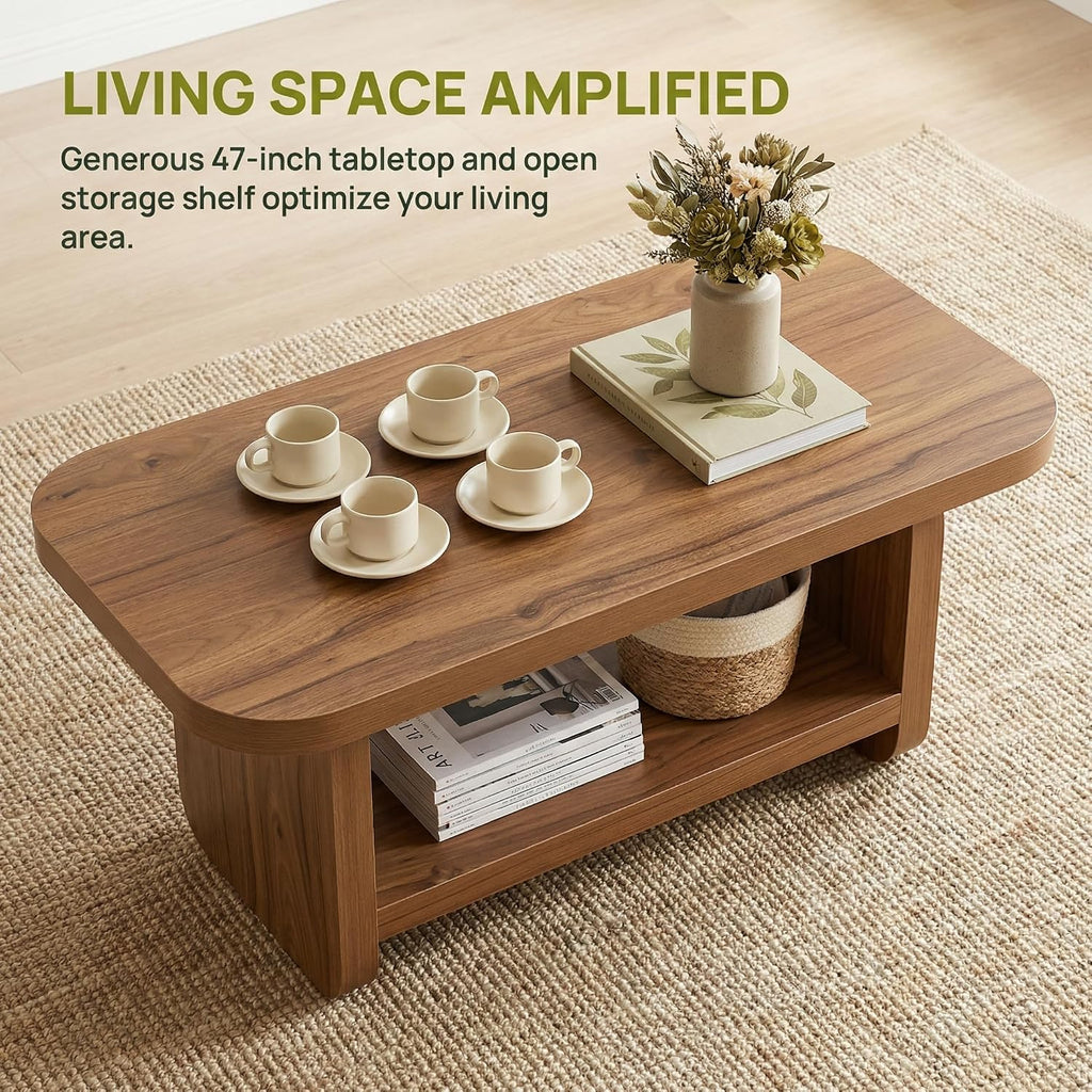 LITTLE TREE Wooden Coffee Table, 47.2' Center Table with Storage, Modern Farmhouse Rectangle Living Room Tables with Rounded Corners for Living Room, Bedroom, Kids Room, Home Office, Brown