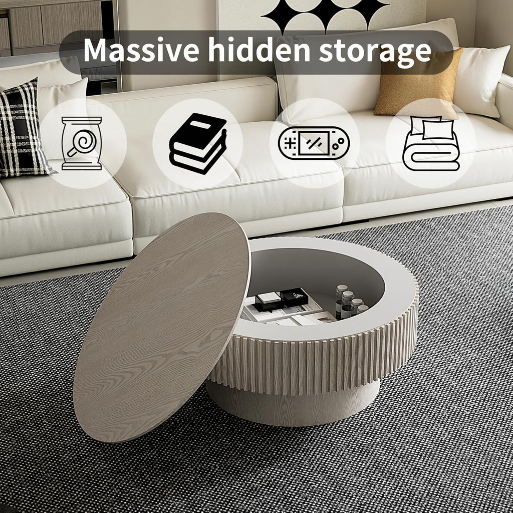 31.5'' Round Coffee Table with Storage, Modern Luxury Circle Drum Center Tables with Solid Wood Veneered, Accent Side Coffee Table for Living Room, Bedroom, Apartment-White