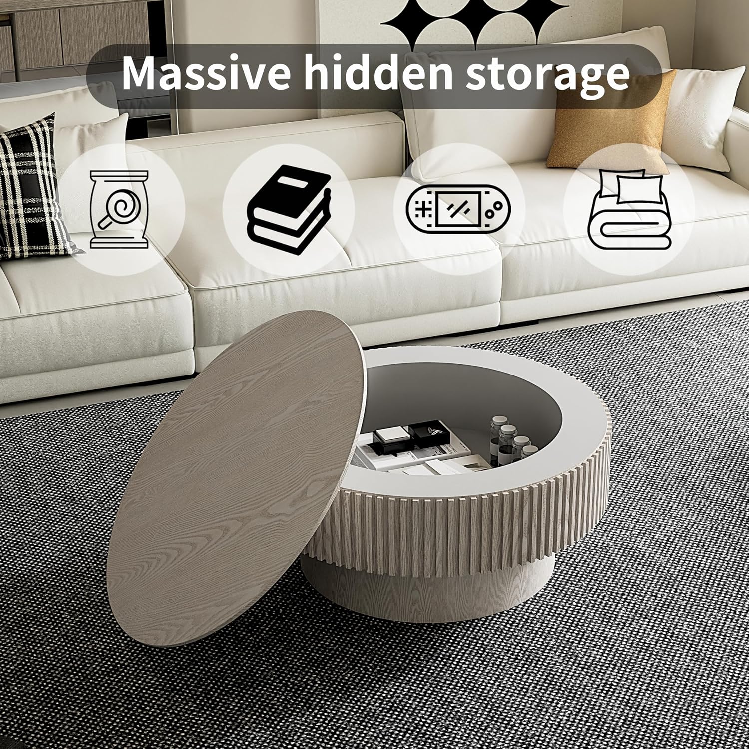 31.5'' Round Coffee Table with Storage, Modern Luxury Circle Drum Center Tables with Solid Wood Veneered, Accent Side Coffee Table for Living Room, Bedroom, Apartment-White
