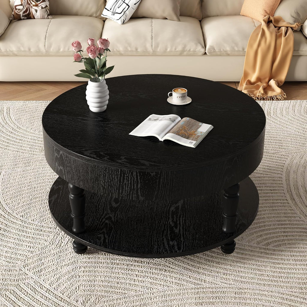 Hayzz Round Coffee Table with Storage 31.5 Inch, Modern Lift Top Accent Coffee Table with Hidden Compartment & Lower Shelf, Adjustable Leveling Feet, Easy Assembly for Living Room, Black
