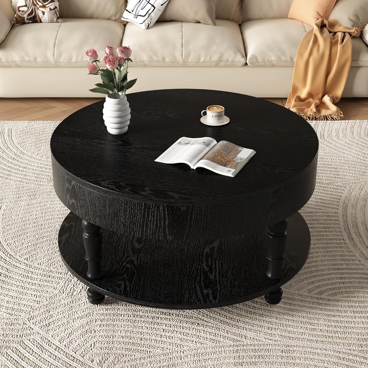 Hayzz Round Coffee Table with Storage 31.5 Inch, Modern Lift Top Accent Coffee Table with Hidden Compartment & Lower Shelf, Adjustable Leveling Feet, Easy Assembly for Living Room, Black