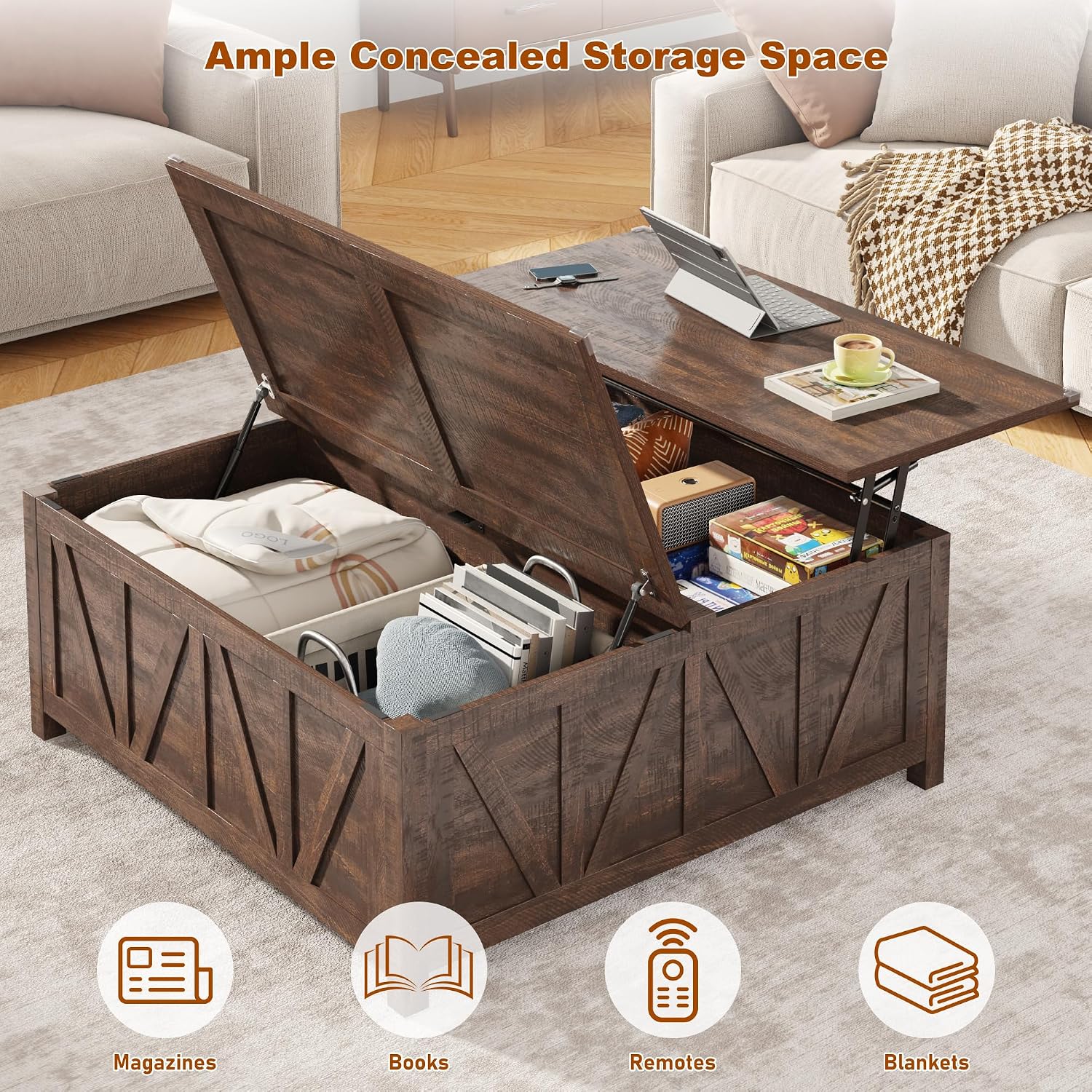 chartustriable 43.3' Lift Top Coffee Table with Storage, Farmhouse Coffee Table with Large Hidden Storage Compartment and Shelves，Square Center Tables for Living Room, Tea Table Dark Brown