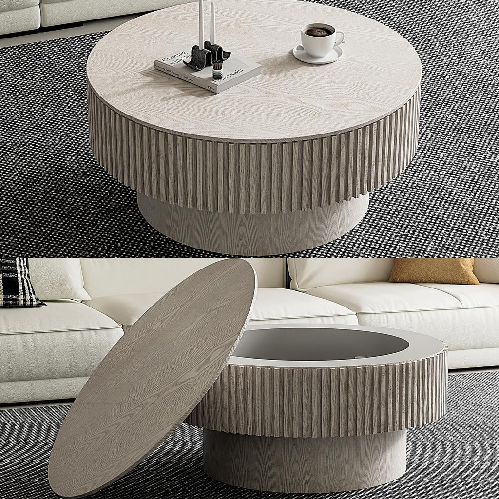 31.5'' Round Coffee Table with Storage, Modern Luxury Circle Drum Center Tables with Solid Wood Veneered, Accent Side Coffee Table for Living Room, Bedroom, Apartment-White