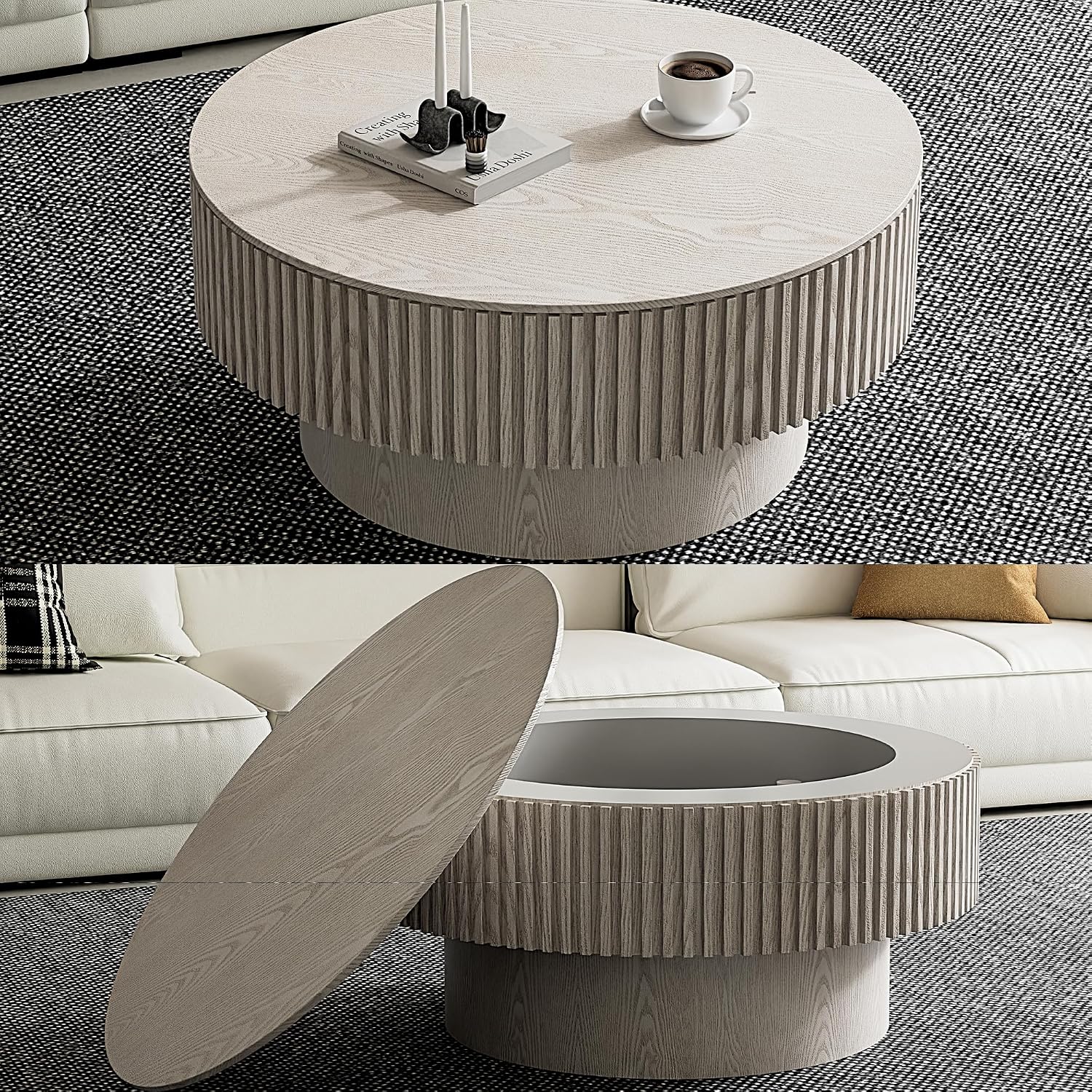 31.5'' Round Coffee Table with Storage, Modern Luxury Circle Drum Center Tables with Solid Wood Veneered, Accent Side Coffee Table for Living Room, Bedroom, Apartment-White