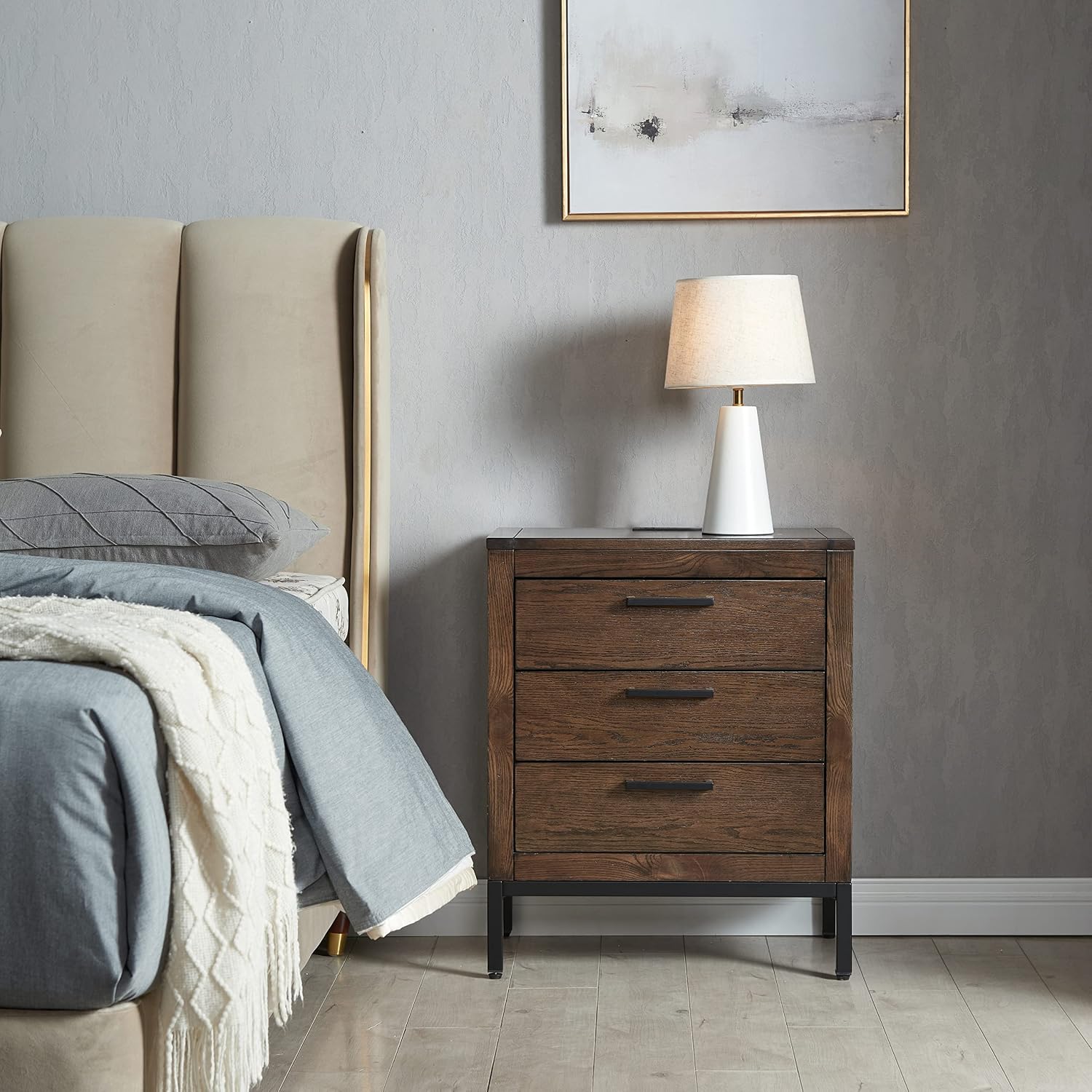 Leick Home Tableau Nightstand Side Table with Drawer and Lower Cabinet Rustic Modern – USB-C Fast Charging Station – Durable Solid Wood – Living Room, Bedroom, Office, Distressed Riverstone, 9076
