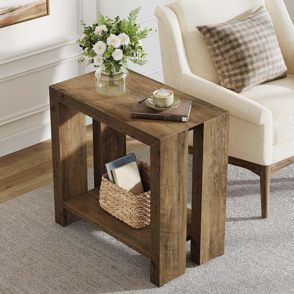 Tribesigns 2-Tier Narrow Side Table Set of 2, Farmhouse Wooden Sofa End Table with Bottom Shelf, Skinny Accent Nightstand for Small Space, Living Room, Bedroom, Easy Assembly (2)