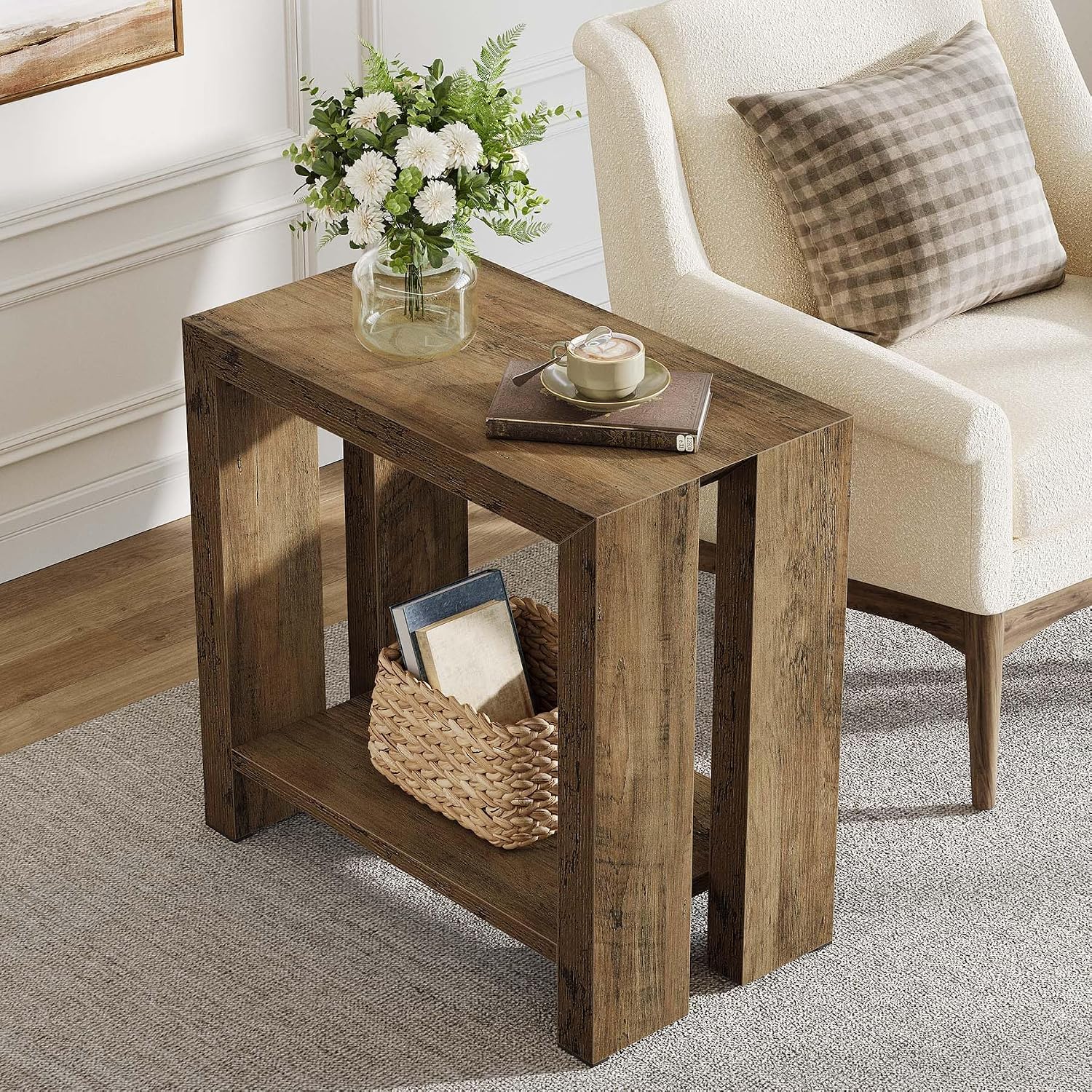 Tribesigns 2-Tier Narrow Side Table Set of 2, Farmhouse Wooden Sofa End Table with Bottom Shelf, Skinny Accent Nightstand for Small Space, Living Room, Bedroom, Easy Assembly (2)