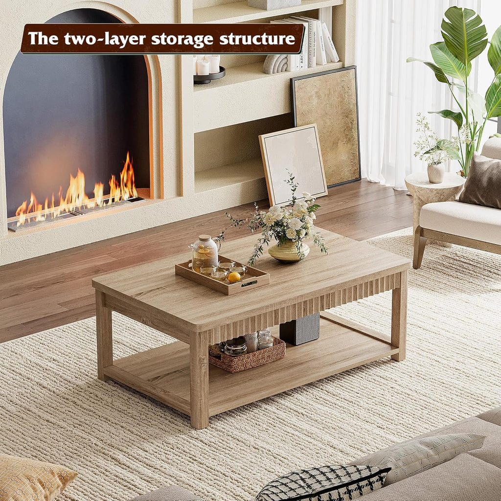 Homkdom Coffee Table, 39 Inch Modern Coffee Tables for Living Room with 2-Tier Storage & Wave-Edge, Oak Center Table for Bedroom/Office