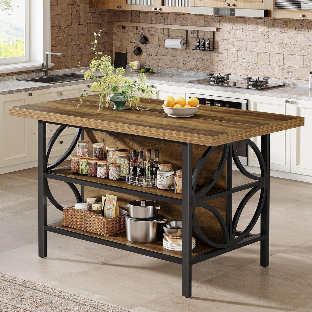 Tribesigns 62.99-Inch Kitchen Island with Storage, Kitchen Island Table with 2 Shelves and Large Worktop, Industrial Bar Table, Easy to Assemble, Rustic Brown (Stools Not Included)