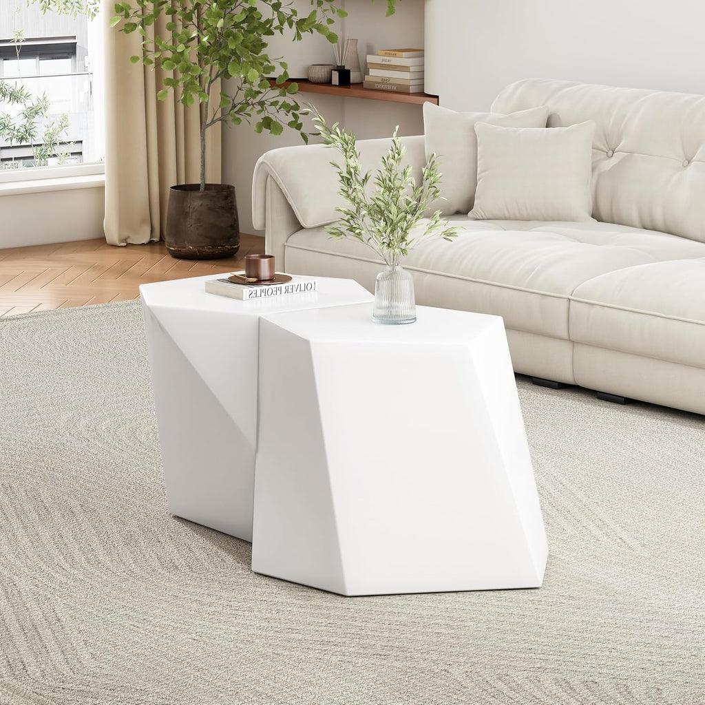 WILLIAMSPACE 30.25' White Nesting Coffee Table Set of 2, Modern Irregular Center Tables for Living Room, Magnesium Oxide Accent Side Table for Indoor & Outdoor, No Need Assembly (White)