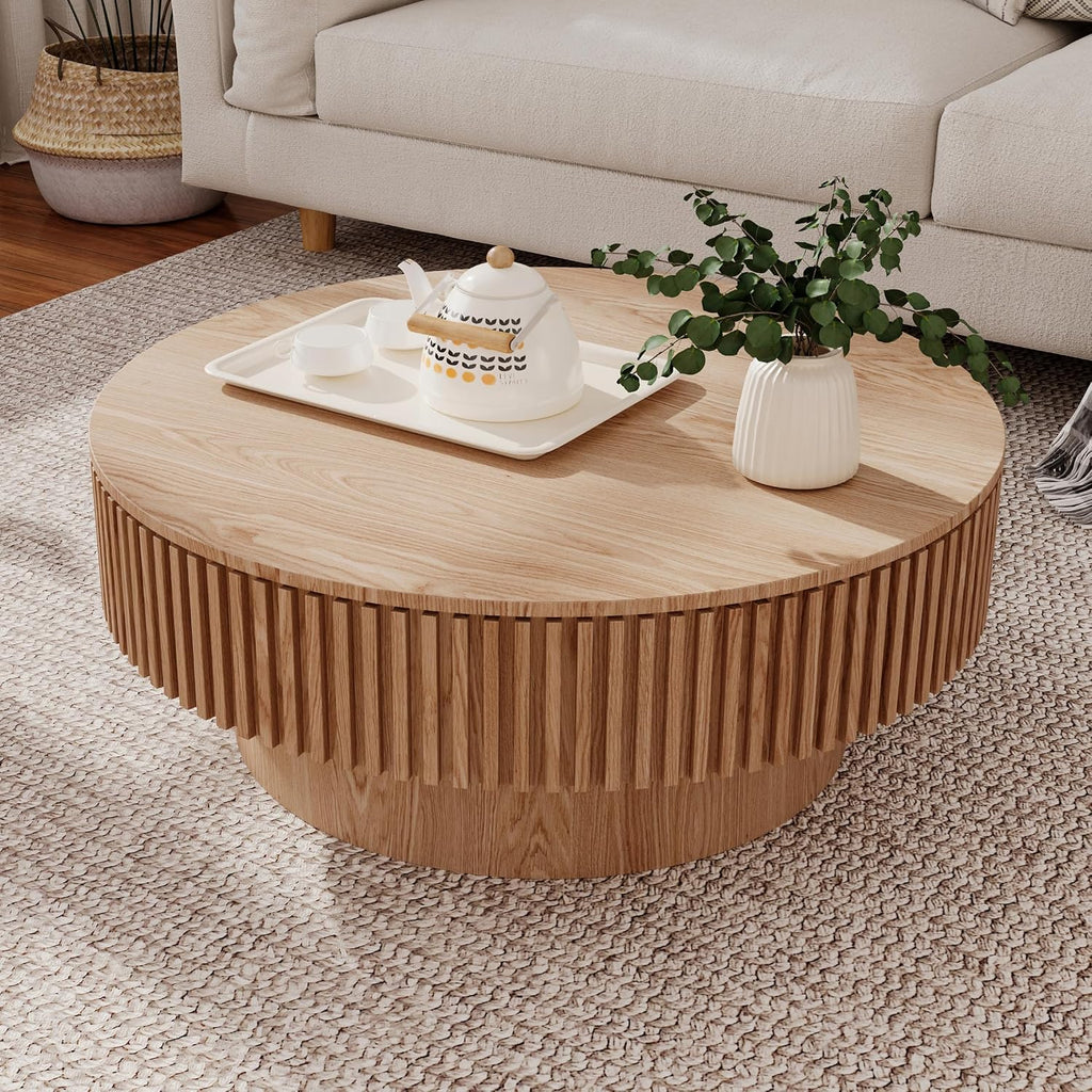 Round Coffee Table with Storage, Modern Handcraft Drum Coffee Table Wood Circle Center Table for Living Room Apartment, 31.49' Oak