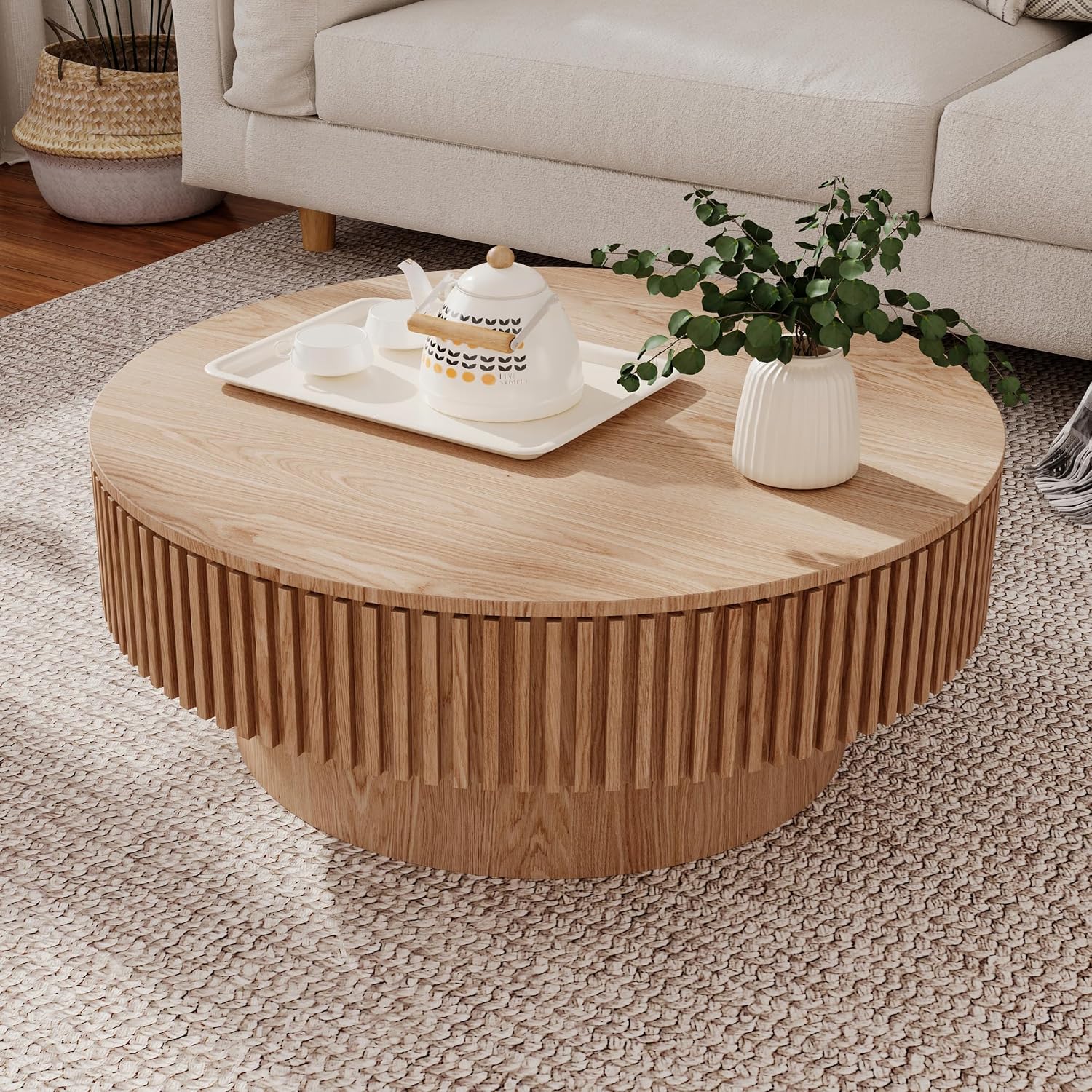Round Coffee Table with Storage, Modern Handcraft Drum Coffee Table Wood Circle Center Table for Living Room Apartment, 31.49' Oak