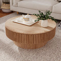 39.37'' Round Coffee Table with Storage, Solid Wood Veneered Modern Drum Coffee Table Accent Tea Table for Living Room, Bedroom, Apartment or Office-Natural