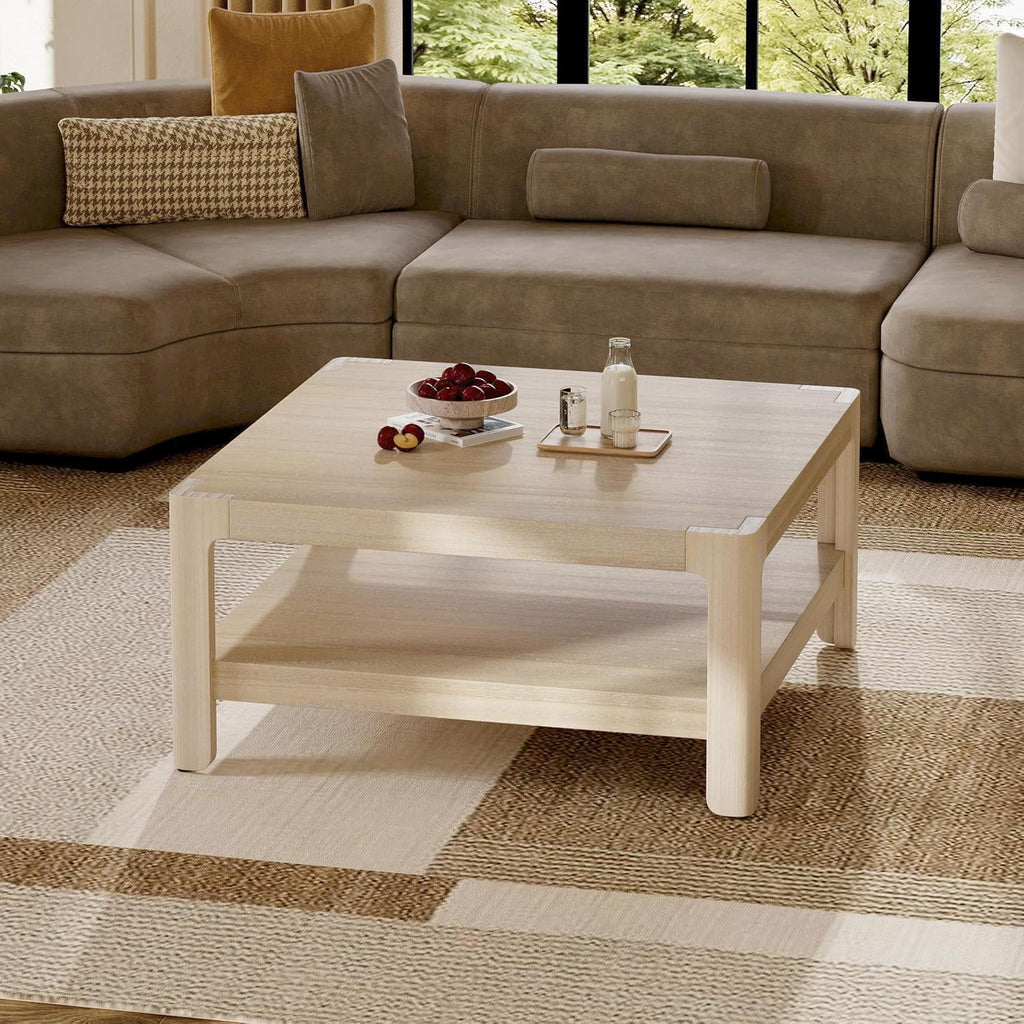 Christopher Knight Home Fenden Modern Farmhouse Coffee Table, 34.65' Square Wood Side Table with Soft Rounded Profile, 2-Tier Storage Design, Minimalist Table, Space Saving for Living Room, Natural