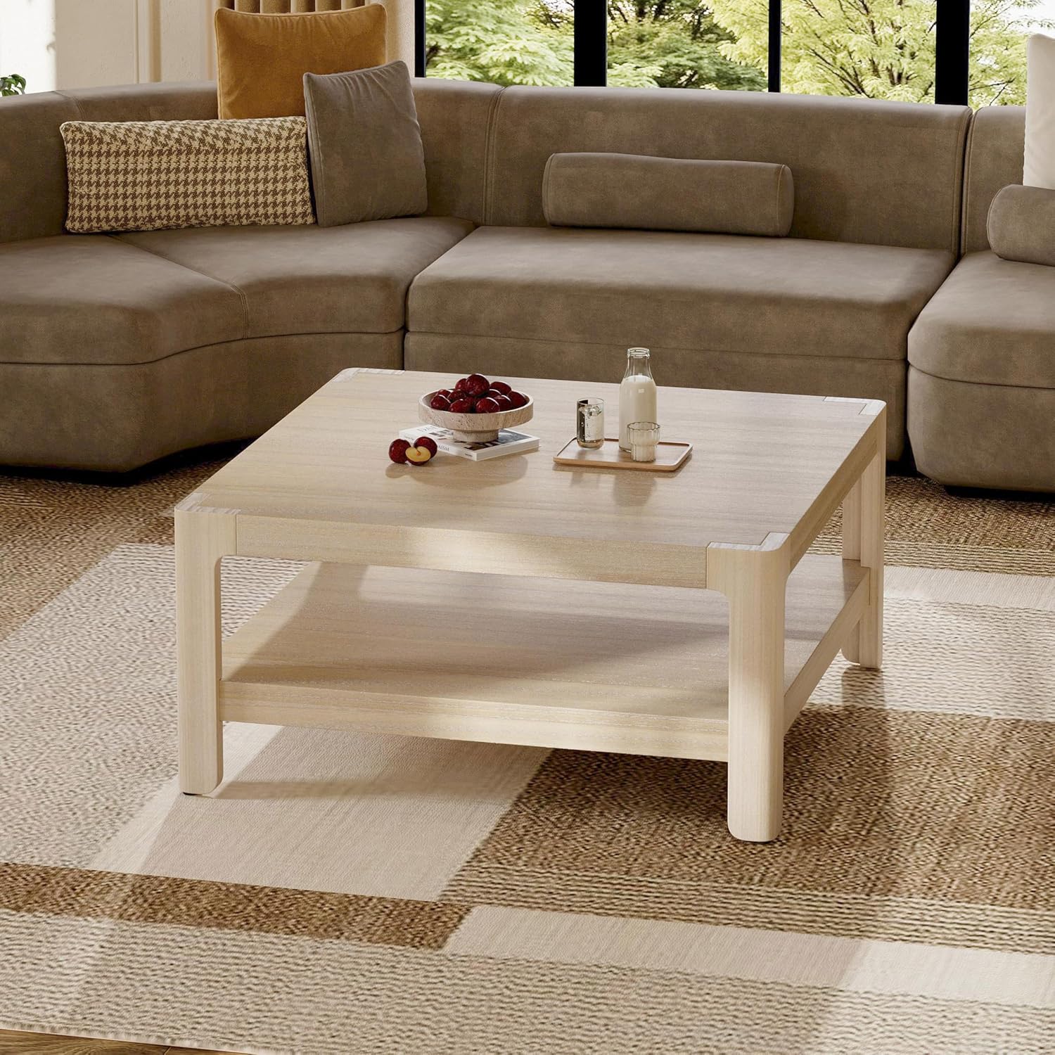 Christopher Knight Home Fenden Modern Farmhouse Coffee Table, 34.65' Square Wood Side Table with Soft Rounded Profile, 2-Tier Storage Design, Minimalist Table, Space Saving for Living Room, Natural