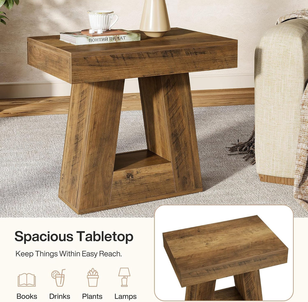 Tribesigns 24' Modern Side Table, 2-Tier Narrow Wooden End Table with Trapezoid Base, Farmhouse Small Nightstand for Living Room, Bedroom (1, Brown)