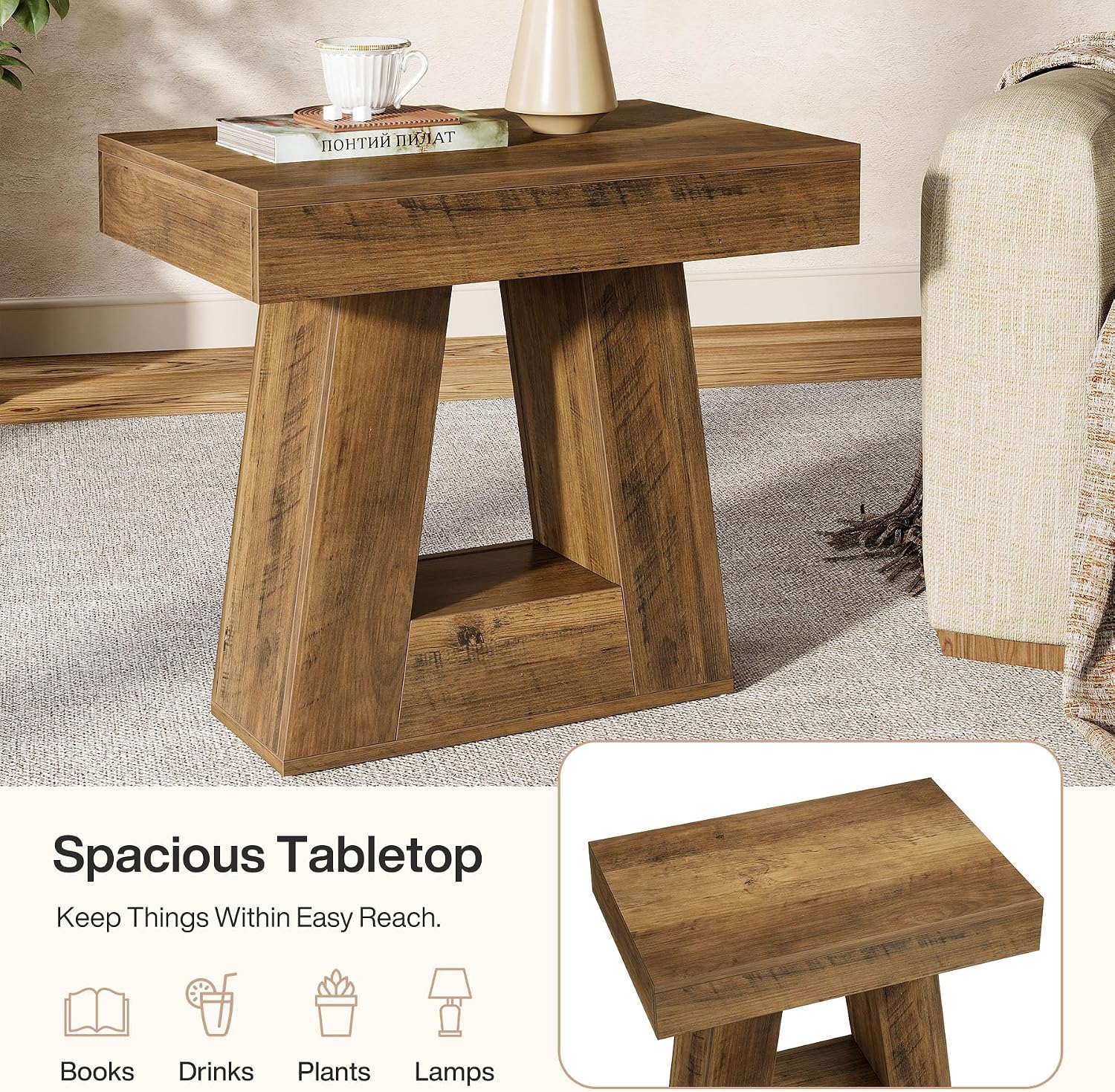 Tribesigns 24' Modern Side Table, 2-Tier Narrow Wooden End Table with Trapezoid Base, Farmhouse Small Nightstand for Living Room, Bedroom (1, Brown)