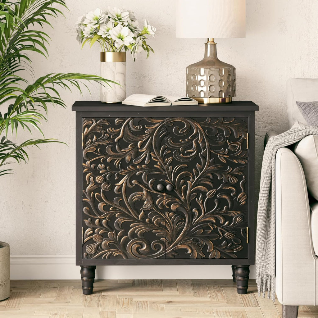 2 Door Farmhouse Storage Cabinet with Embossed Distressed Flower Motif, Vintage Side Table for Living Room, Bedroom, Boho, Black