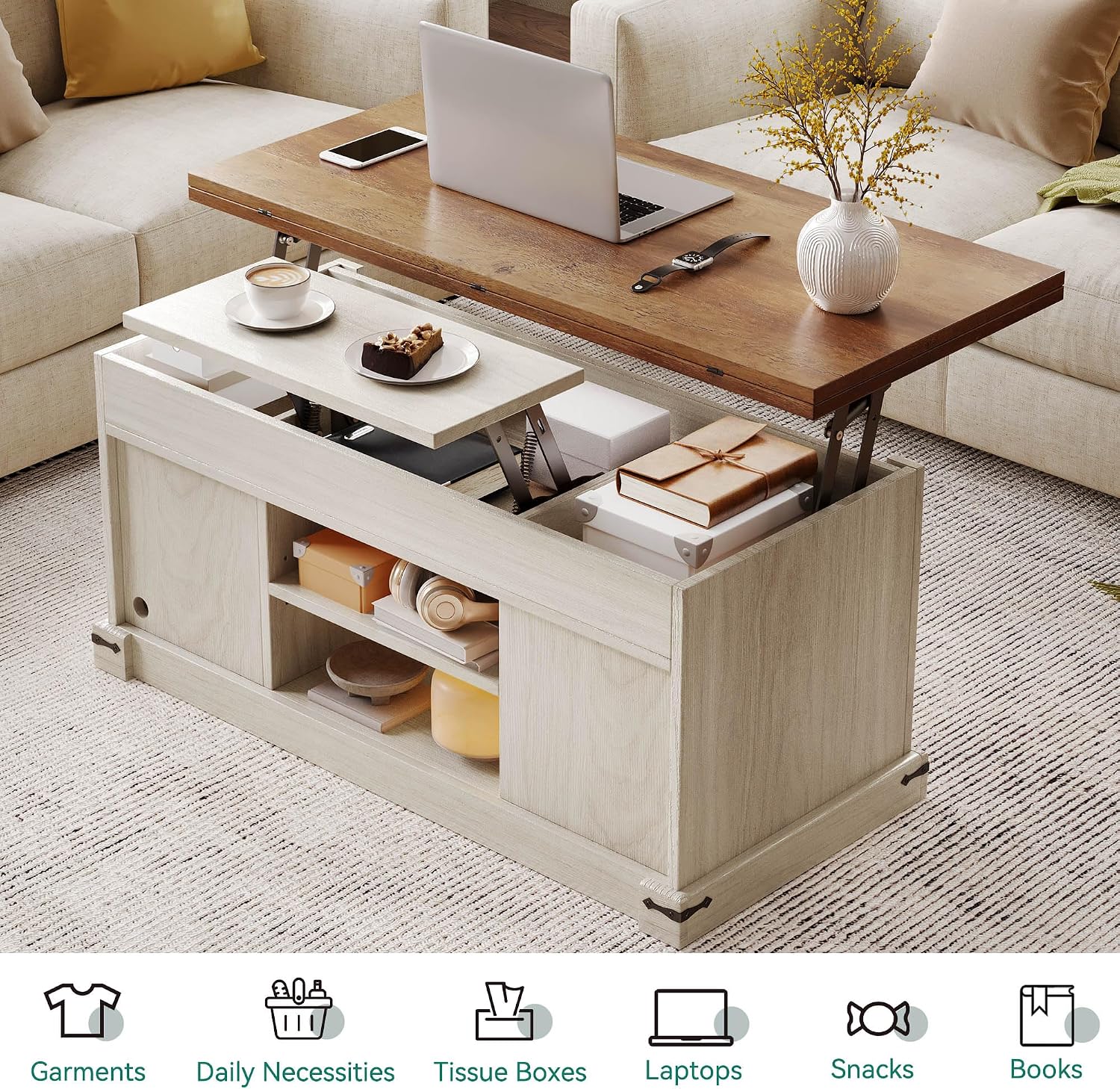 YITAHOME Lift Top Coffee Table with Storage, 4 in 1 Multi-Function Rectangle Center Table with Charging Station&USB Port, Living Room Table w/Large Hidden Space, for Bedroom, Home Office, Brown Top
