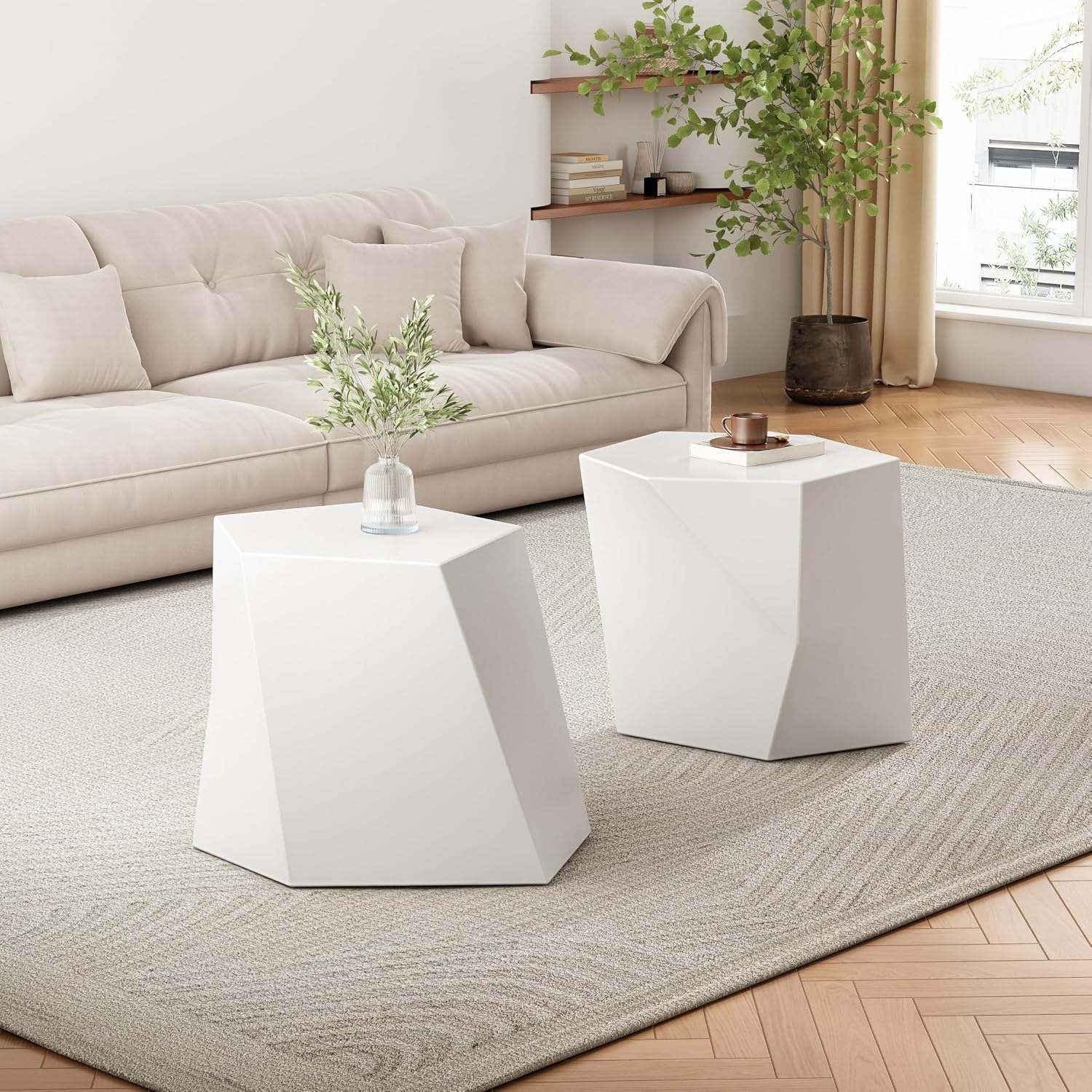 WILLIAMSPACE 30.25' White Nesting Coffee Table Set of 2, Modern Irregular Center Tables for Living Room, Magnesium Oxide Accent Side Table for Indoor & Outdoor, No Need Assembly (White)
