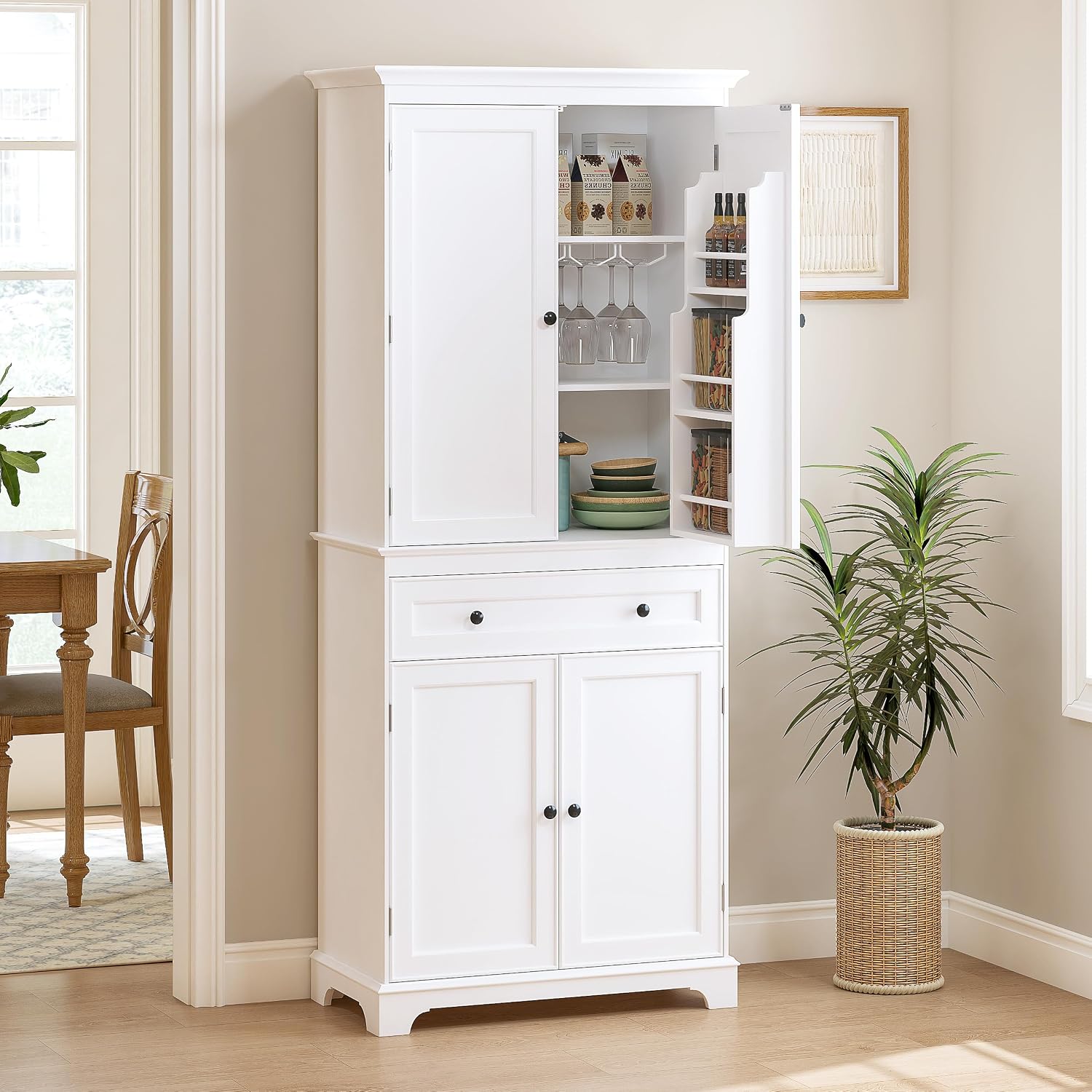 Spirich 71'' Tall Kitchen Pantry Cabinet, Wood Food Pantry Cabinet with Drawers and Wine Glass Rack, Freestanding Storage Cabinet for Kitchen, Living Room, Dining Room, White