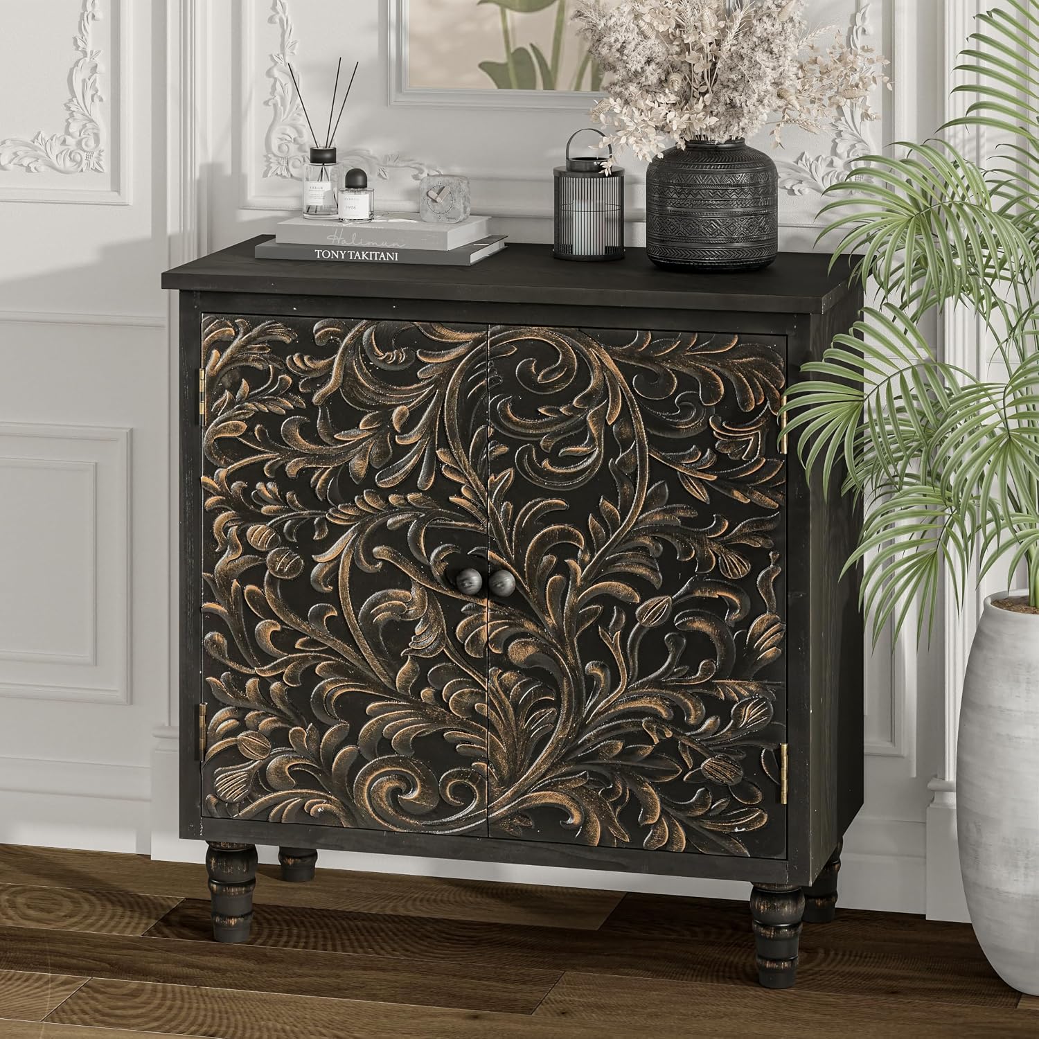 2 Door Farmhouse Storage Cabinet with Embossed Distressed Flower Motif, Vintage Side Table for Living Room, Bedroom, Boho, Black