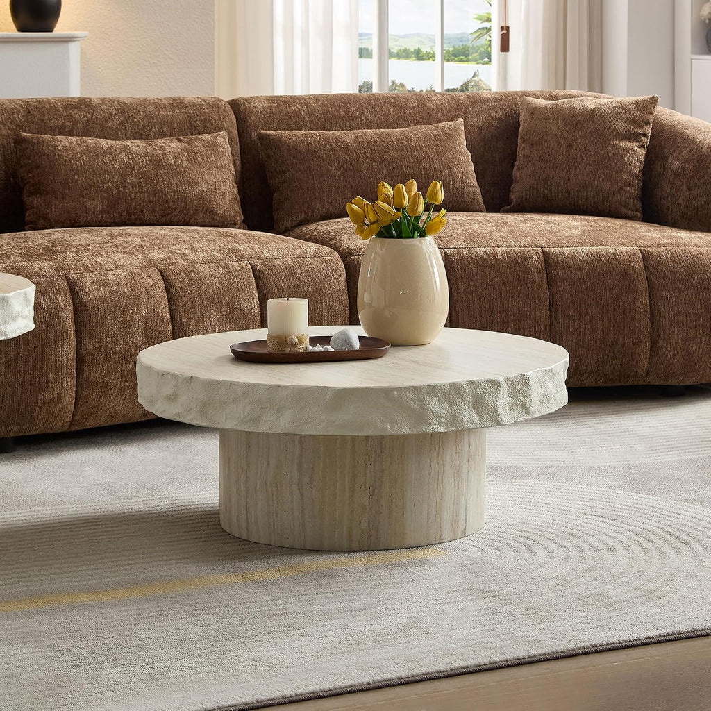 Round Coffee Table, 31.69' Fiberglass Faux Marble Pattern Imitation Stone Table Cement Center Table for Living Room Apartment