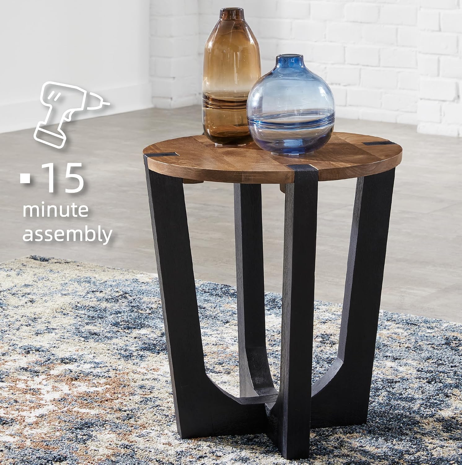 Signature Design by Ashley Hanneforth Farmhouse End Table with Angled Solid Wood Legs, Light Brown & Black