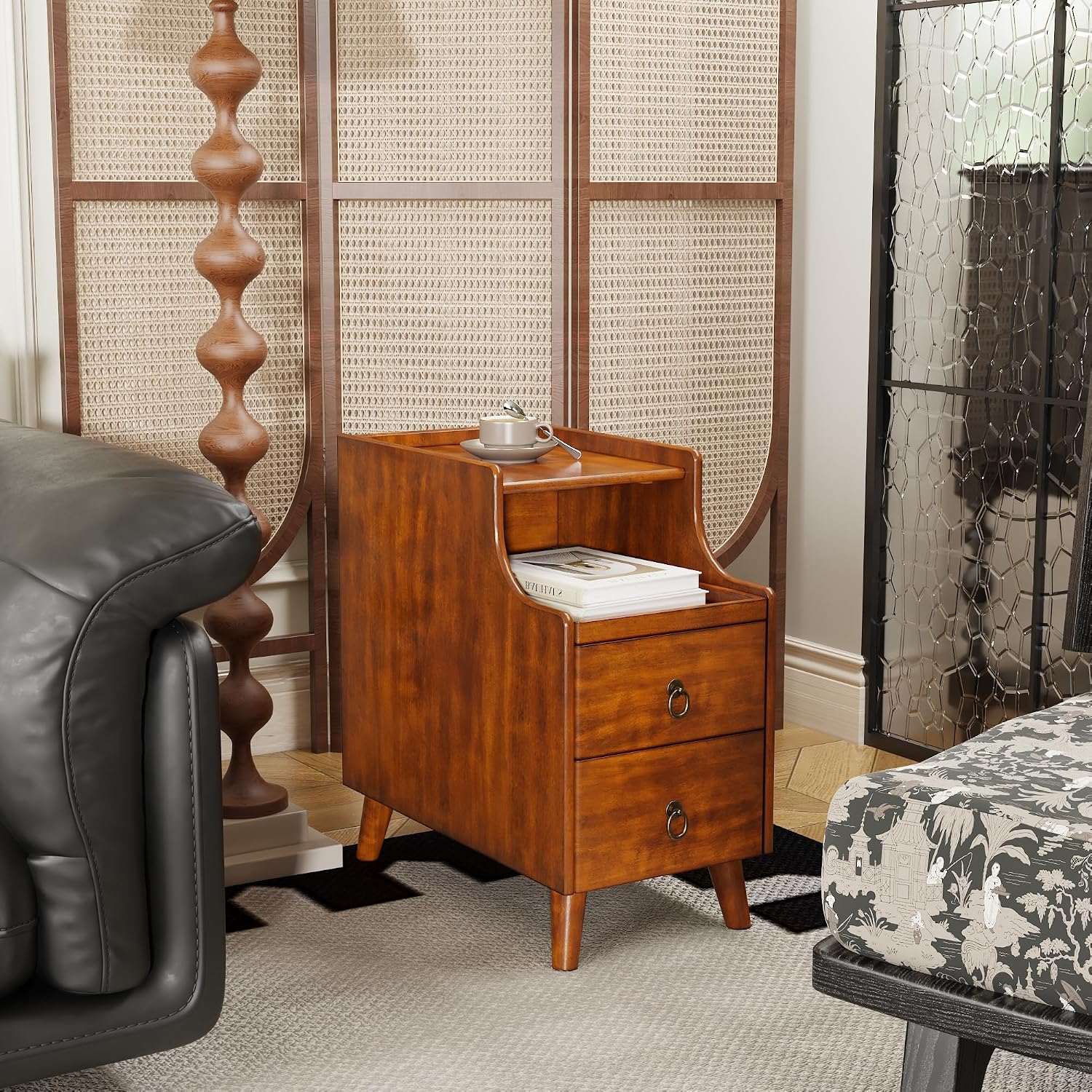 Set of 2 Storage Side End Table with 2 Drawers and Pull-Out Shelf, Small Sofa Side Table Living Room No-Tools Assembly, Solid Wood Narrow Beside Tables 11.8'W x 21.6'L x 22.9'H, Brown,BG-A1359-MG
