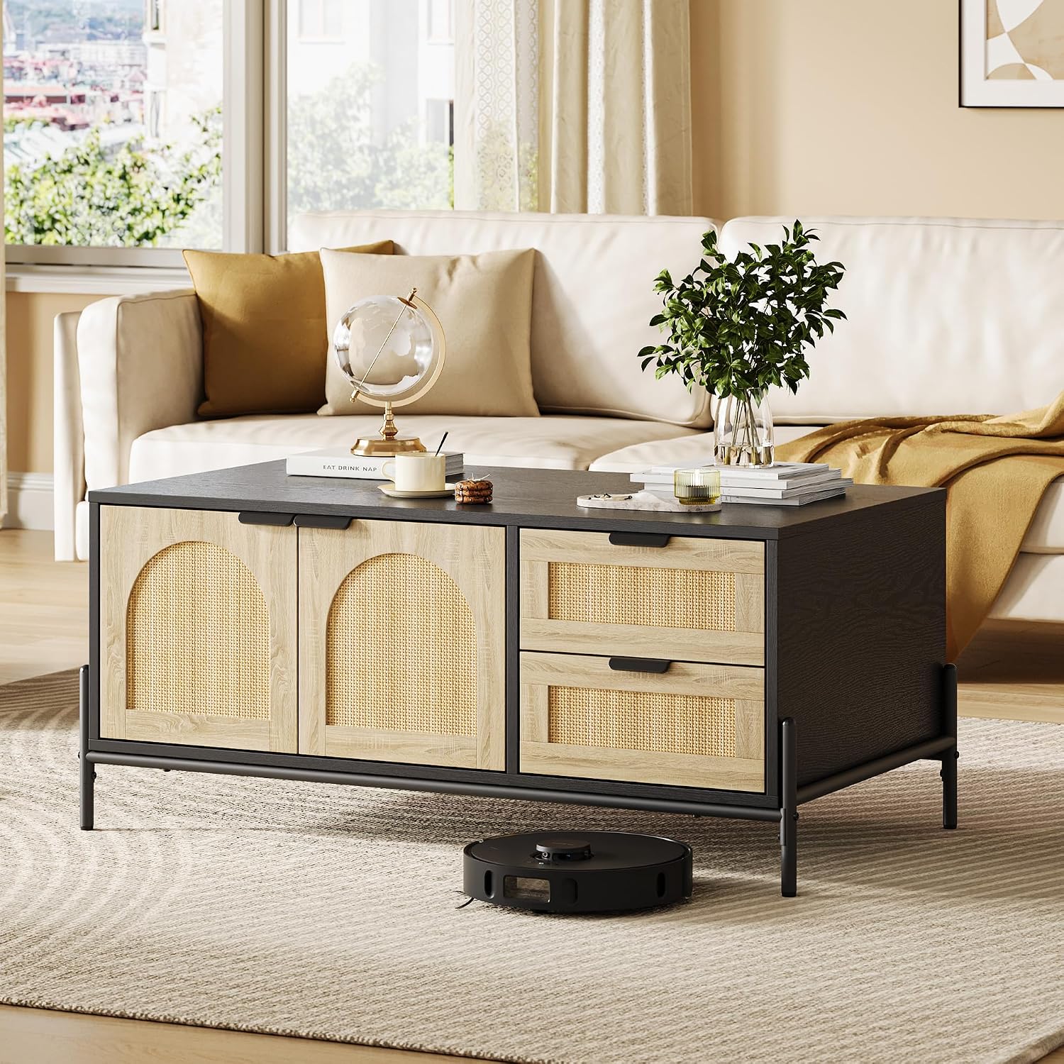 GarveeHome 40.9' Rattan Coffee Table with LED Lights for Living Room, Modern Coffee Tables with 2 Storage Drawers and 2 Arched Door, Farmhouse Coffee Table with Study Metal Legs, Black+Oak