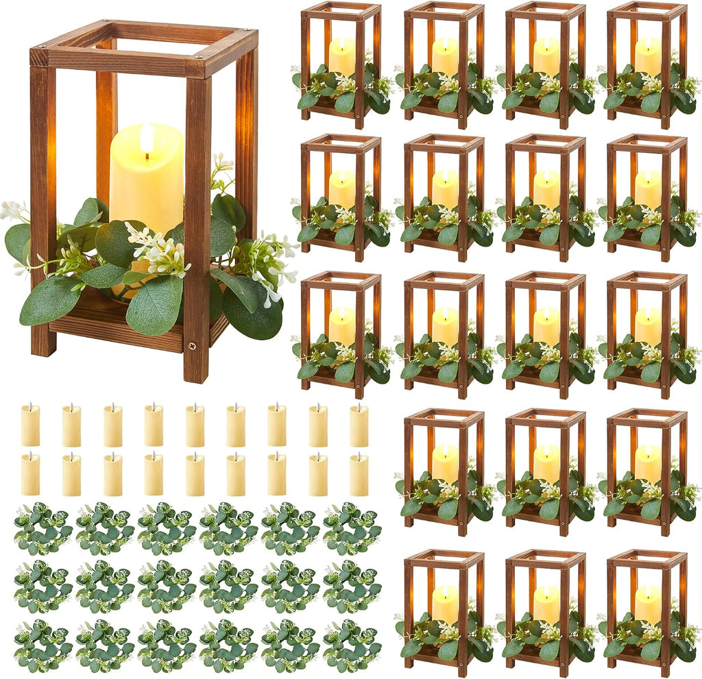 54 Pcs/18 Set Wooden Wedding Lantern Centerpiece, Wooden Centerpieces for Tables-with 18 Holders 18 Candles 18 Wreaths for Rustic Table Decoration Country Barn Wedding Party (Brown)