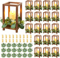 54 Pcs/18 Set Wooden Wedding Lantern Centerpiece, Wooden Centerpieces for Tables-with 18 Holders 18 Candles 18 Wreaths for Rustic Table Decoration Country Barn Wedding Party (Brown)