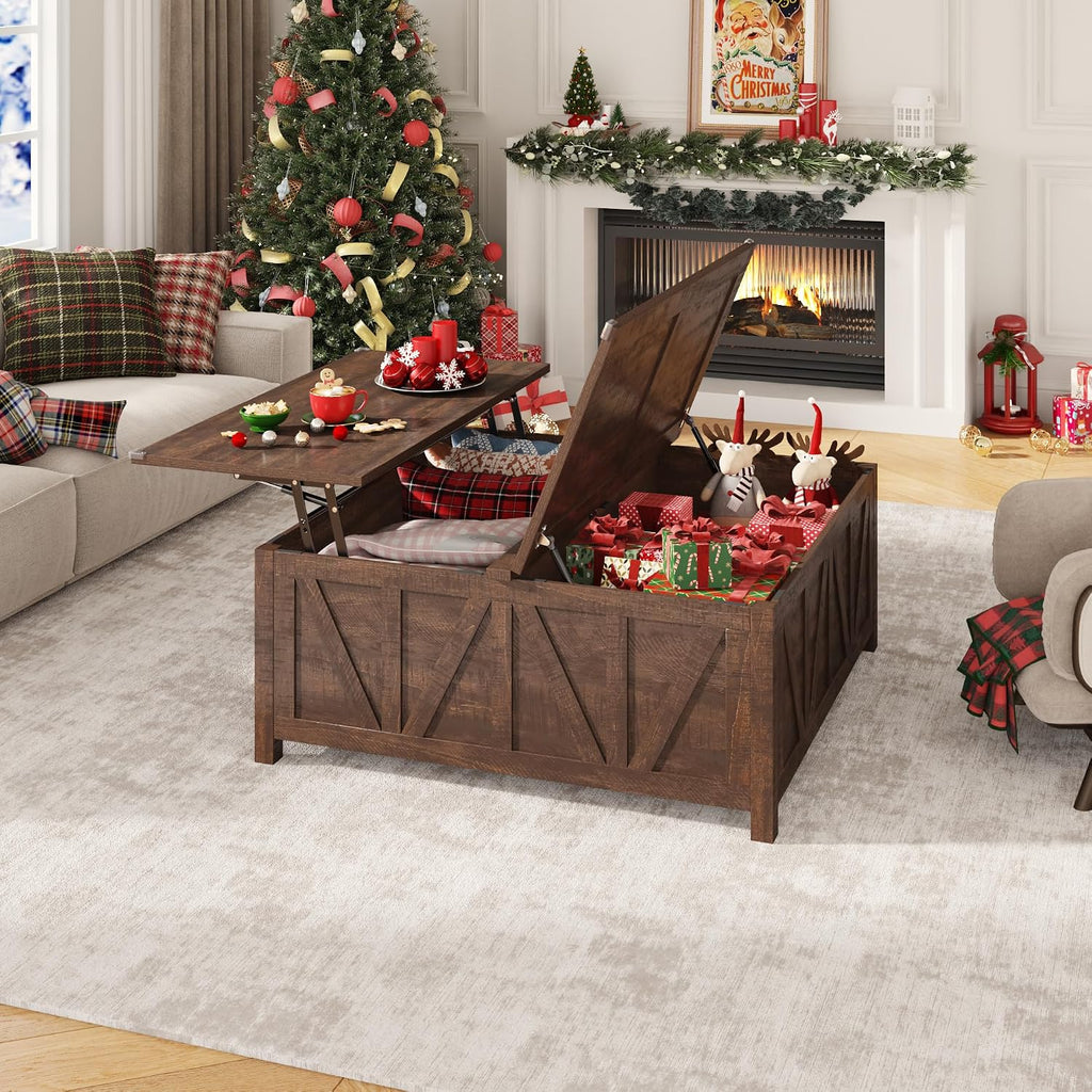 chartustriable 43.3' Lift Top Coffee Table with Storage, Farmhouse Coffee Table with Large Hidden Storage Compartment and Shelves，Square Center Tables for Living Room, Tea Table Dark Brown