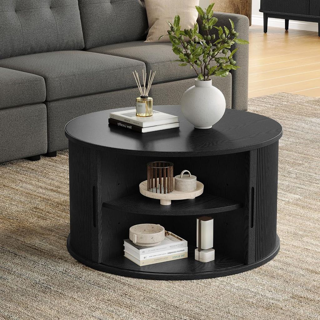 LINSY HOME Round Coffee Table, 31.5' Drum Coffee Table with Sliding Tambour Door, Fluted Accent Center Table with Storage, Mid Century Modern Coffee Table for Living Room (Black)