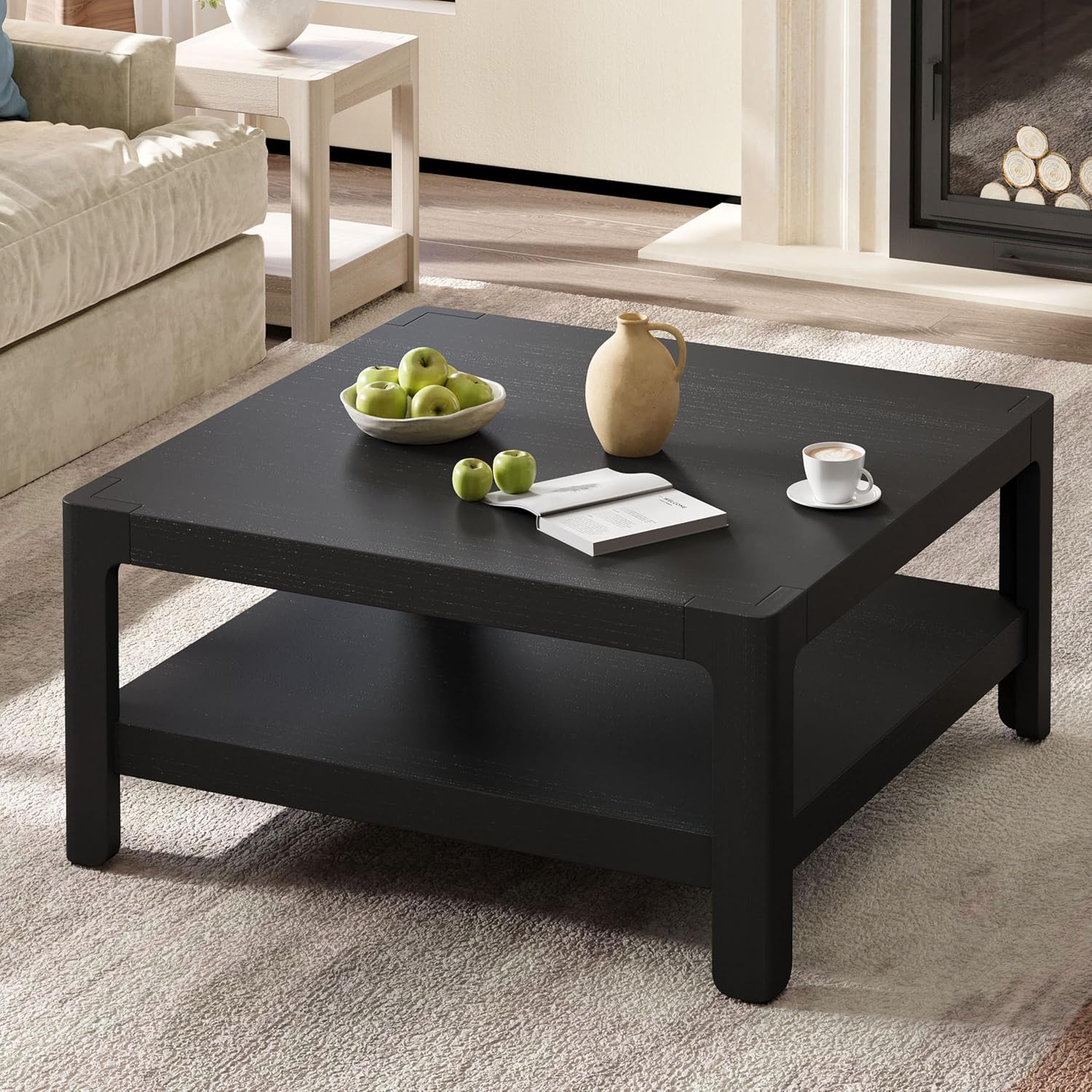 Farmhouse Modern Coffee Table Simple Style Square Cocktail Center Table with Open Shelf for Living Room Furniture, Black