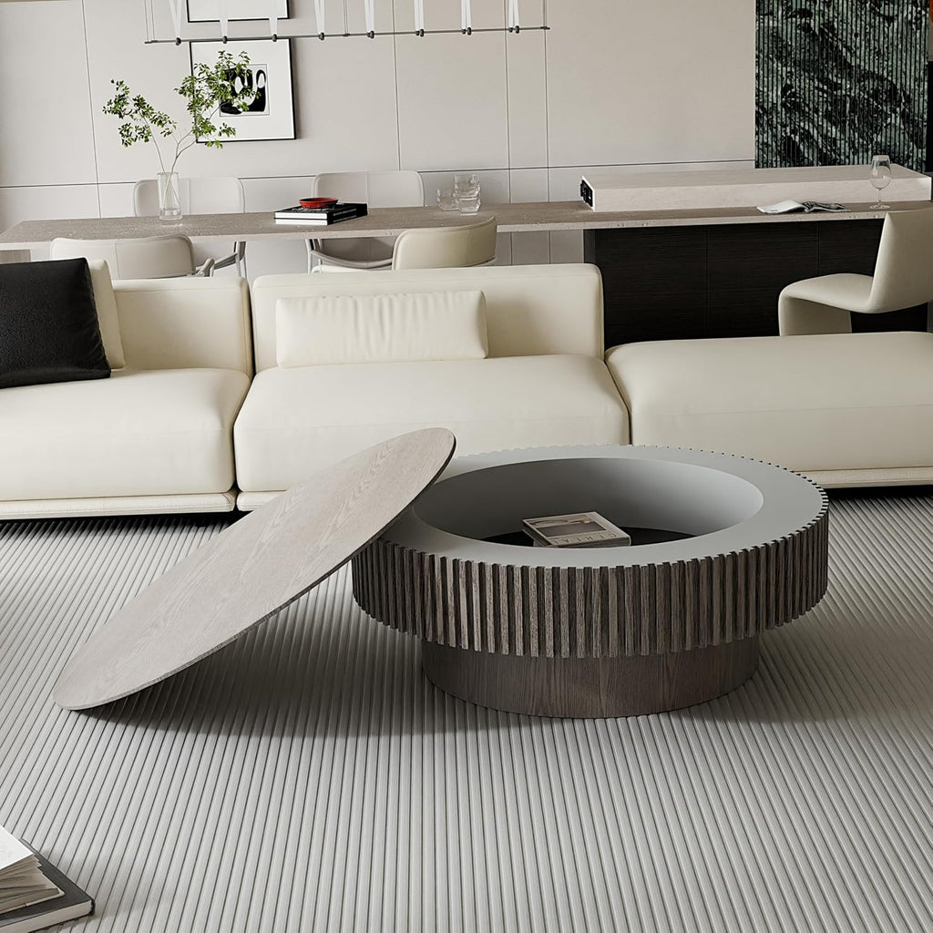 39.37'' Round Coffee Table with Storage, Solid Wood Veneered Modern Drum Coffee Table Accent Tea Table for Living Room, Bedroom, Apartment or Office-Gray