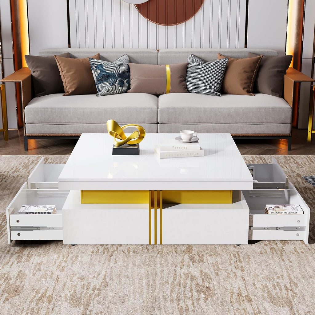 Merax 43.3' Modern Glossy Square Storage Coffee Table with 4 Drawers, Gold Accents, Functional Center Tables for Living Room Apartment, Glossy White