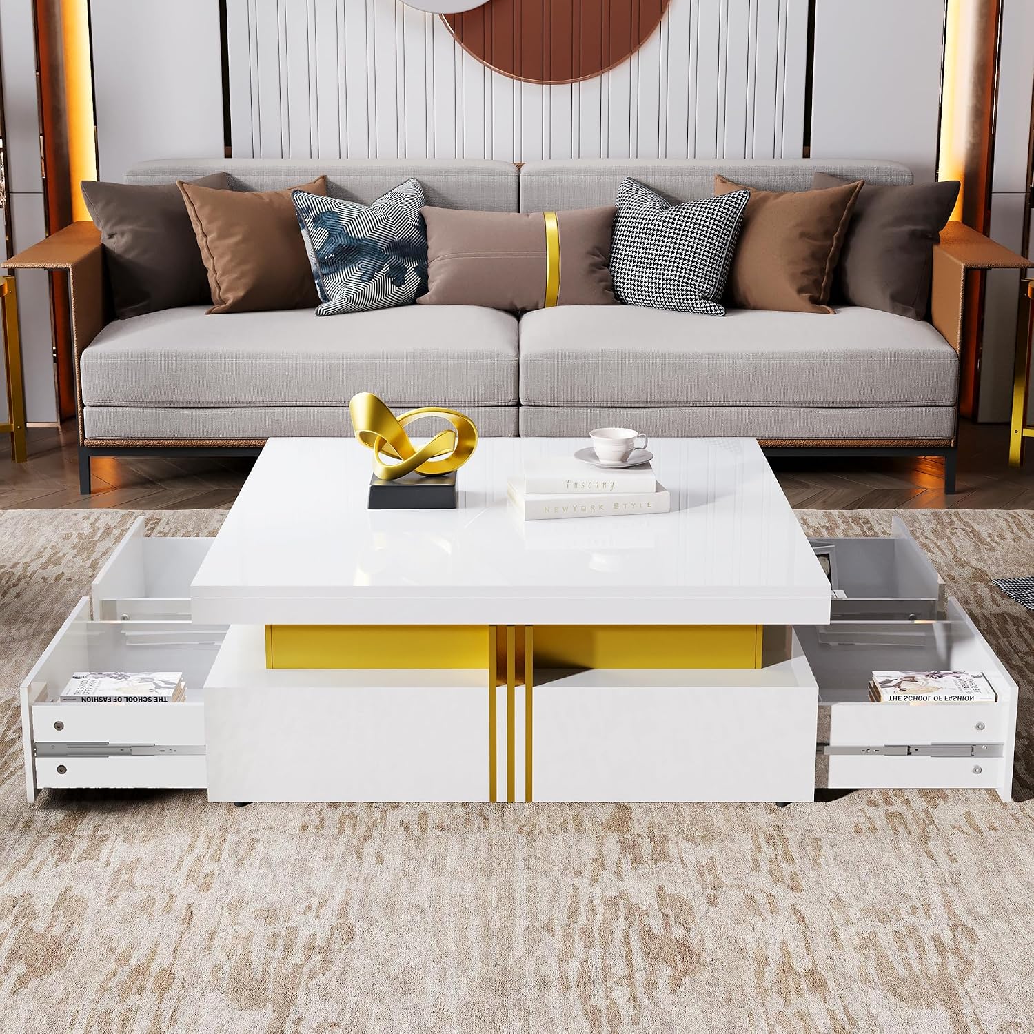 Merax 43.3' Modern Glossy Square Storage Coffee Table with 4 Drawers, Gold Accents, Functional Center Tables for Living Room Apartment, Glossy White
