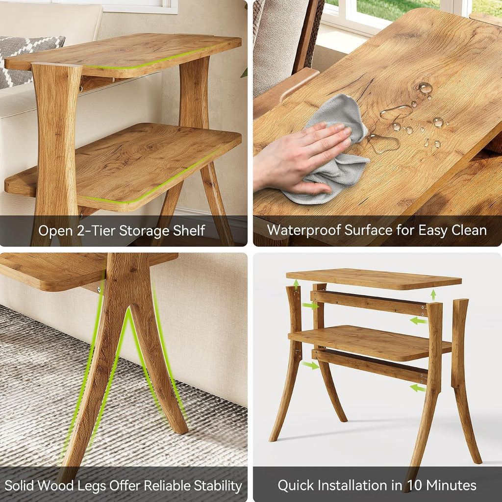 LITTLE TREE Narrow Side Table Set of 2, Small Side Table, 2-Tier Farmhouse End Table with Solid Wood Legs, Space-Saver for Living Room, Bedroom, Entryway (Light Walnut)