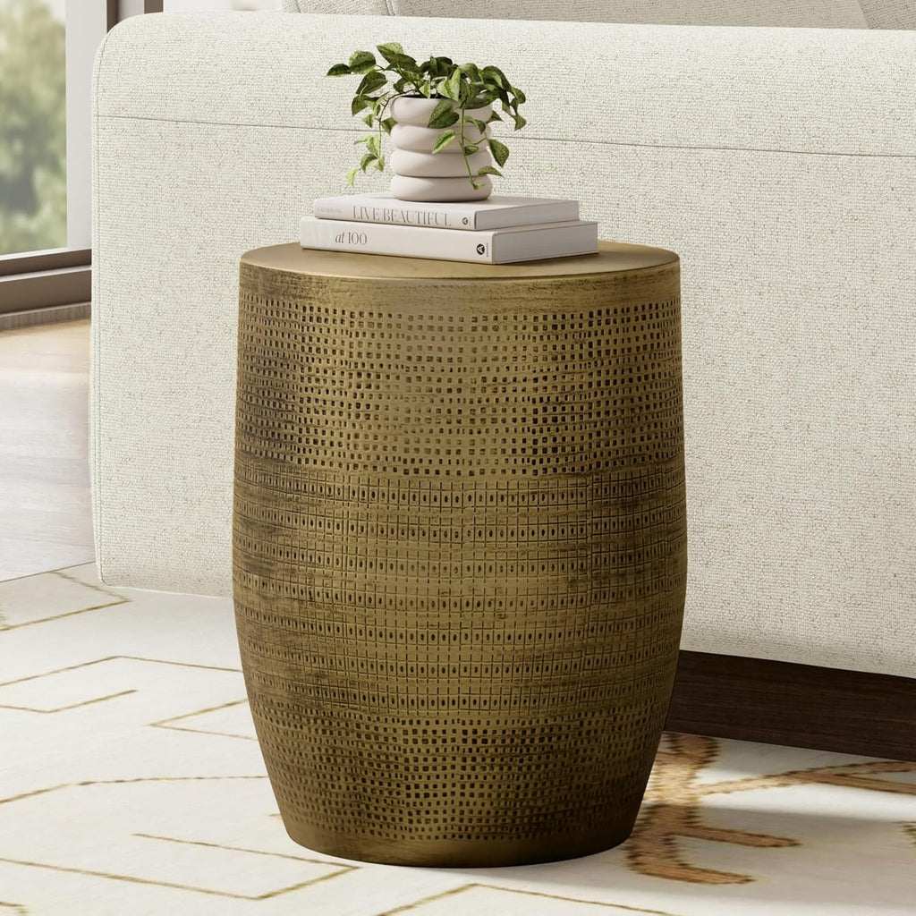 SIMPLIHOME Johnsen Metal Table - 15 inch Wide Solid Iron Round Accent Table in Antique Brass, Boho Side or End Table for Living Room, Bedroom, or Office with Etched Morse Pattern, Assembled