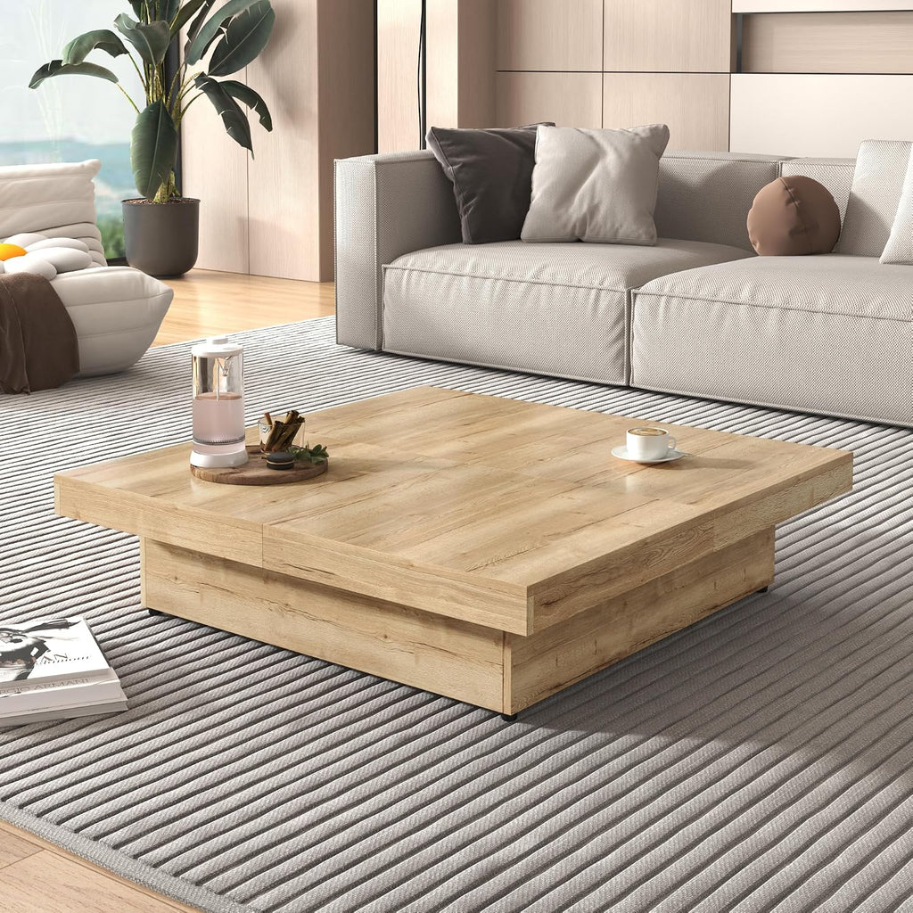 Merax Coffee Table, Modern Extendable Coffee Table with 4 Hidden Storage Compartments, Square Center Cocktail Table with Sliding Tabletop for Living Room, 39.4'x 39.4' (Natural)