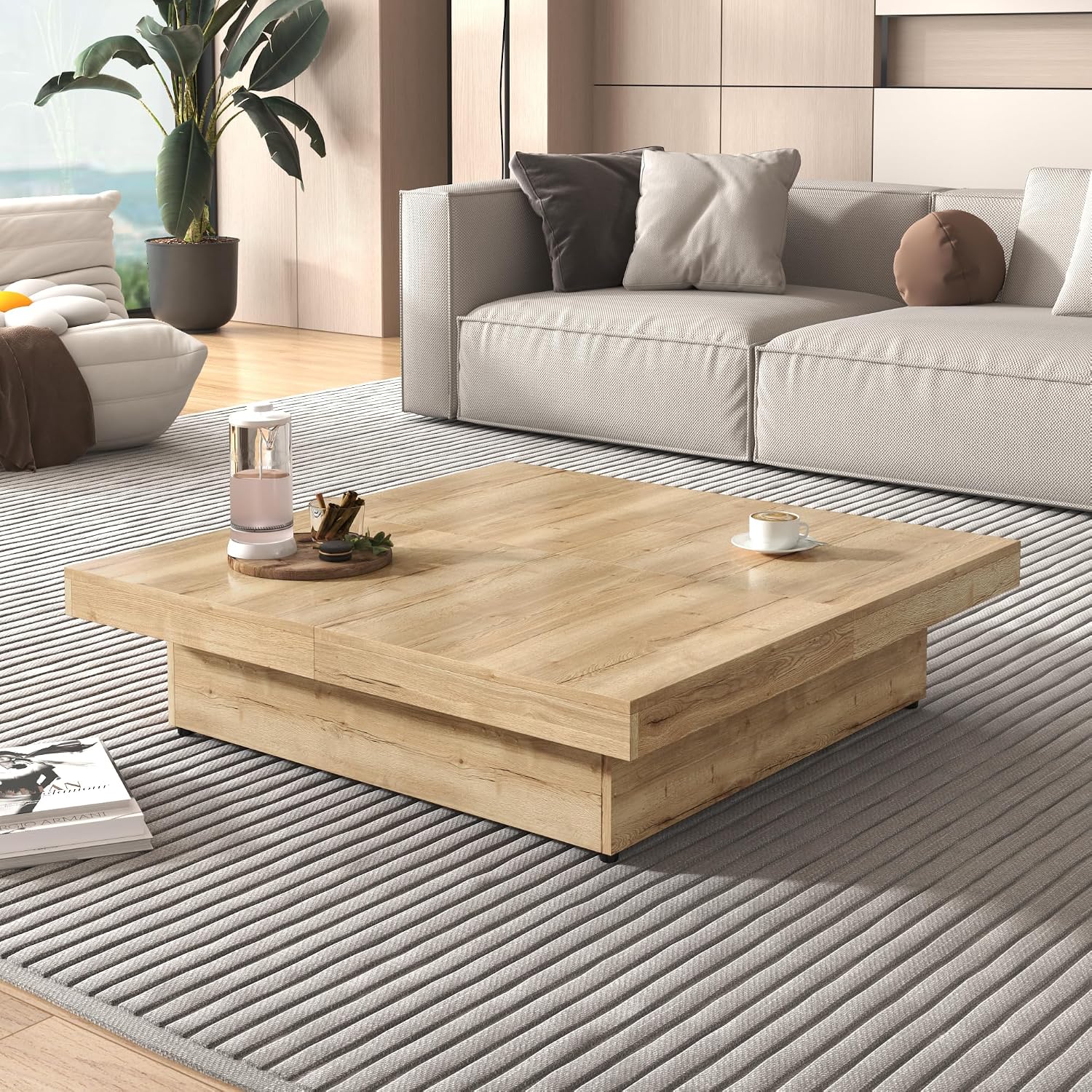 Merax Coffee Table, Modern Extendable Coffee Table with 4 Hidden Storage Compartments, Square Center Cocktail Table with Sliding Tabletop for Living Room, 39.4'x 39.4' (Natural)