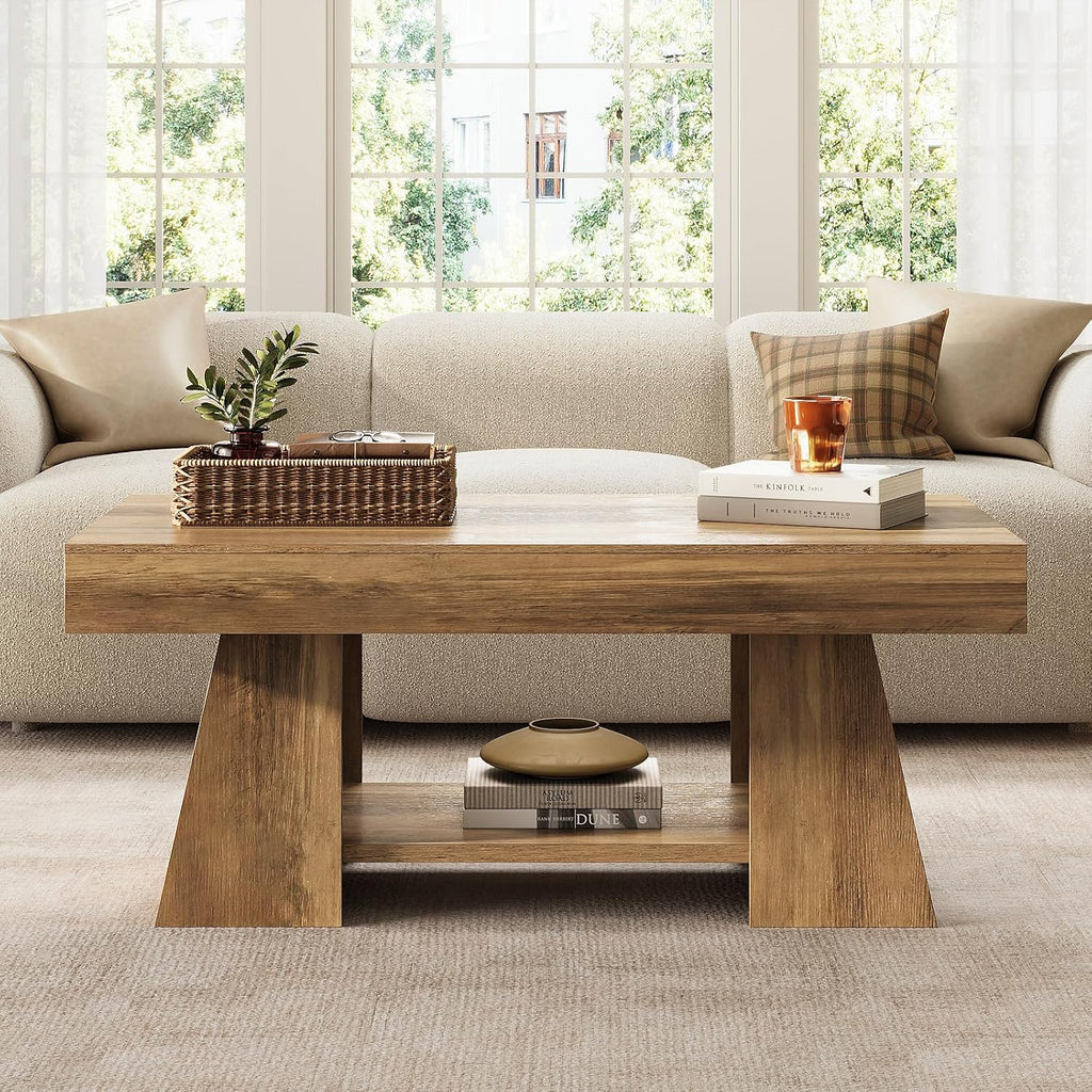 Tohomeor Coffee Table, 47.24' Farmhouse Wooden Rectangular Accent Center Tables with Storage Shelf Thick Base for Living Room, Home Office, Retro Brown