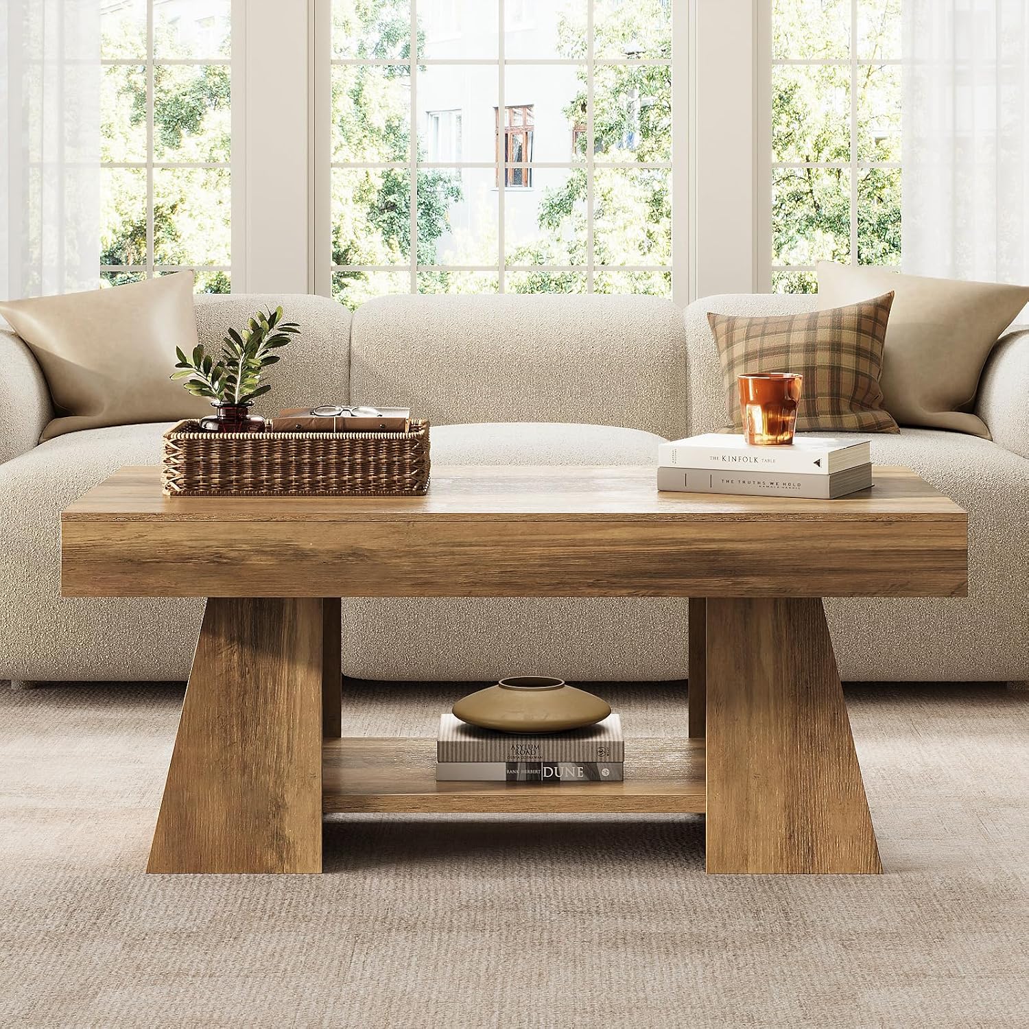 Tohomeor Coffee Table, 47.24' Farmhouse Wooden Rectangular Accent Center Tables with Storage Shelf Thick Base for Living Room, Home Office, Retro Brown