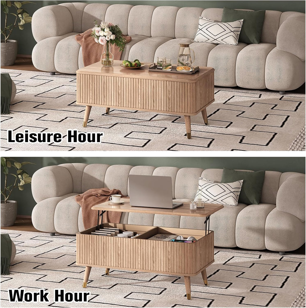 Lift Top Coffee Table with Storage, Mid Century Modern Coffee Table with Solid Wood Legs, 38' Minimalist Fluted Center Table for Living Room, Home Office, Natural Oak