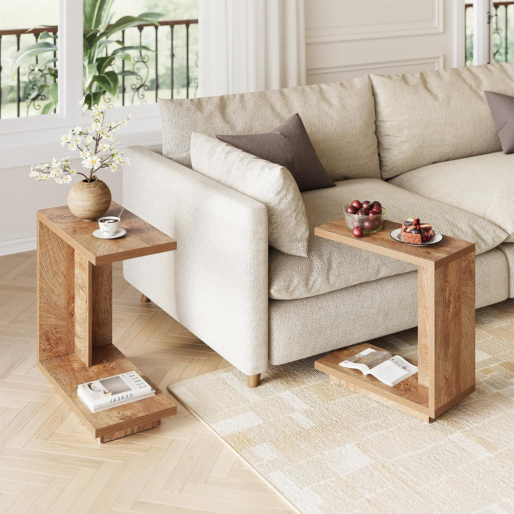 LITTLE TREE C-Shaped Side Table Set of 2, Narrow 2-Tier End Table for Living Room, Couch, Bedroom, Bedside, Nightstand, Brown