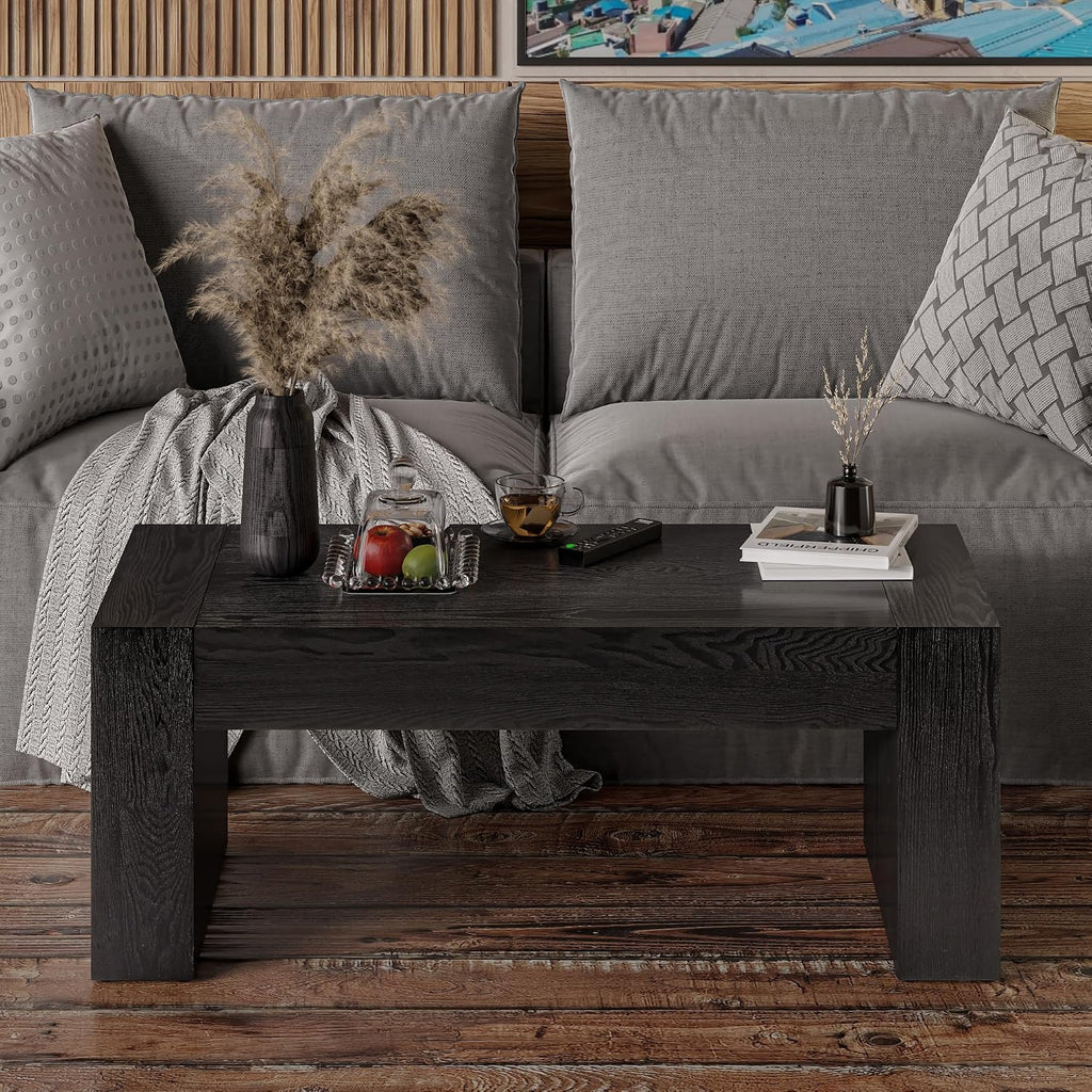 COZAYH Modern Black Wood Coffee Table with Thick Block Legs and Natural Wood Grain, Rectangular Large Center Table for Living Room Decor, Office, Farmhouse, Sturdy