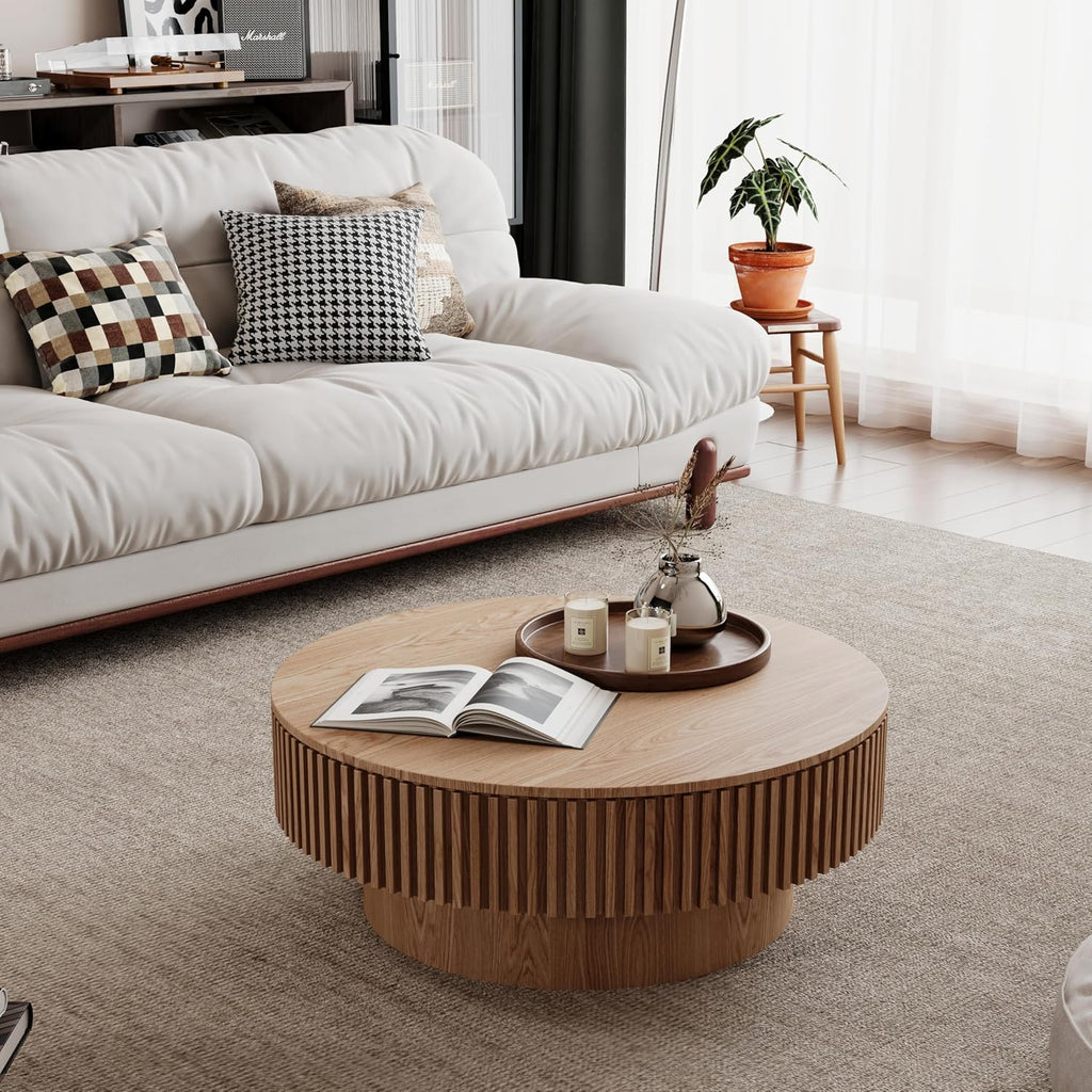 31.5''Round Coffee Table with Storage, Modern Luxury Circle Drum Center Tables with Solid Wood Veneered, Accent Side Coffee Table for Living Room, Bedroom, Apartment-Natural