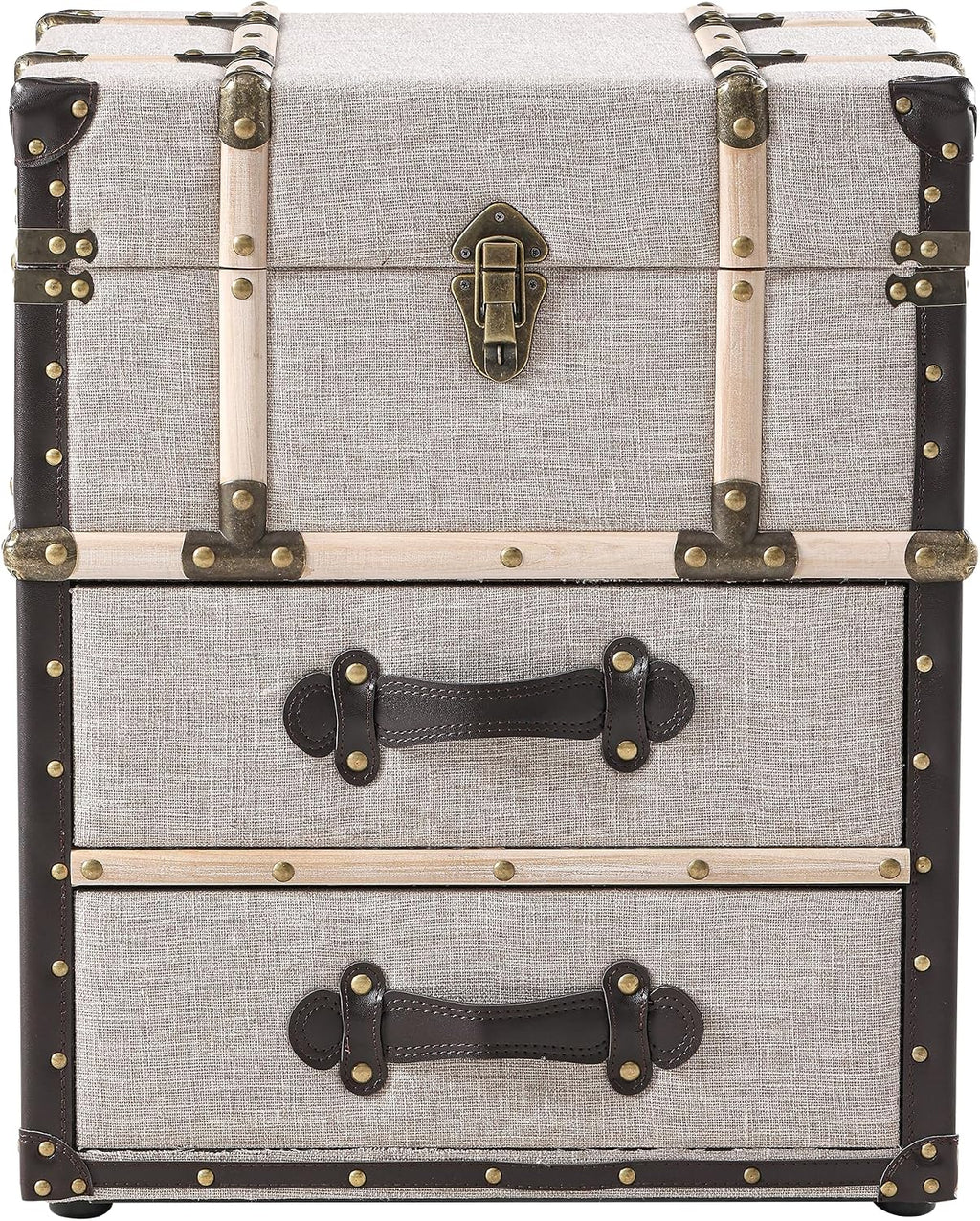 Aoikax Vintage Storage Chest with Buckle Hinged Top, Linen Accent End Side Table for Living Room, Office, Bedroom, Rectangle, Beige