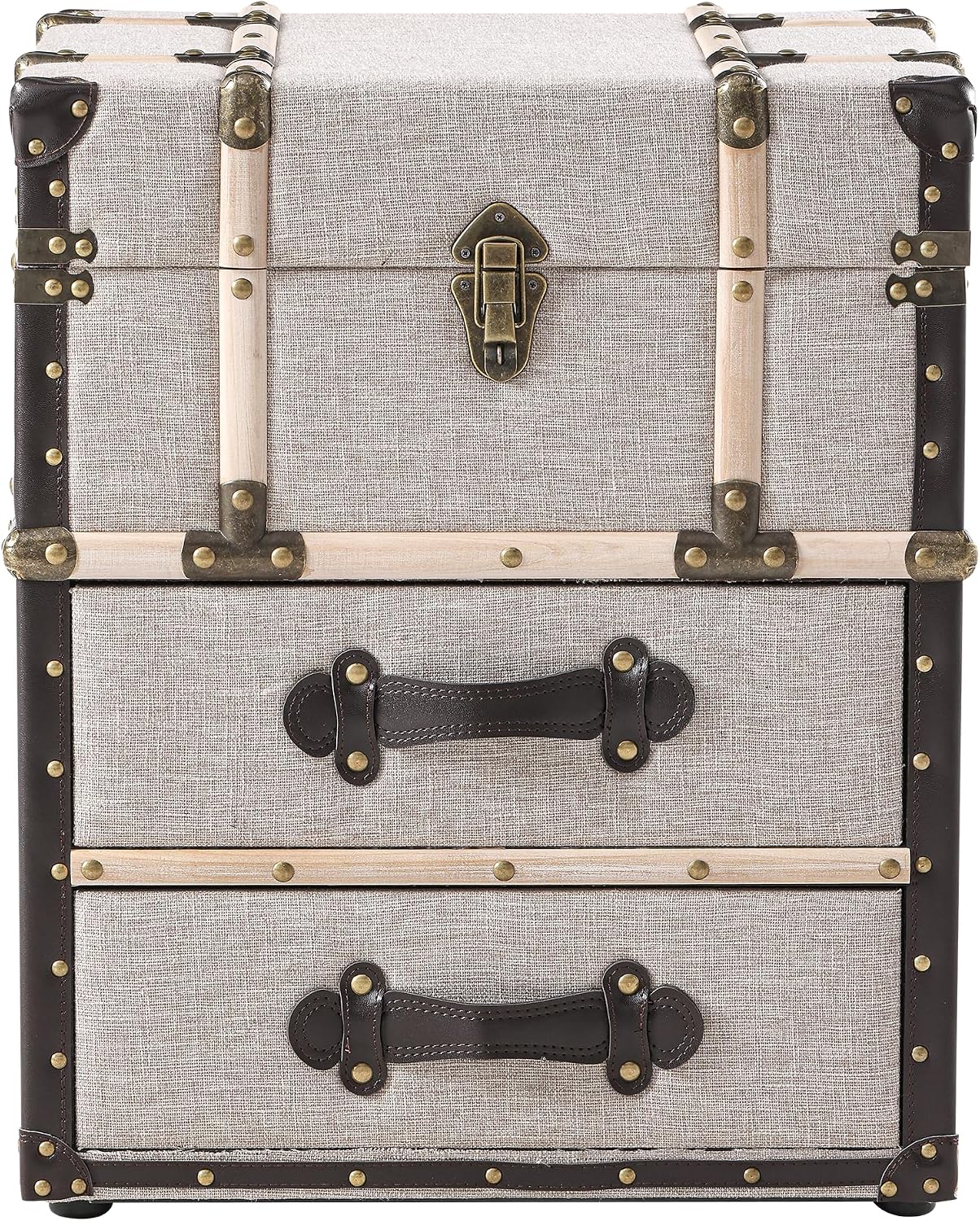 Aoikax Vintage Storage Chest with Buckle Hinged Top, Linen Accent End Side Table for Living Room, Office, Bedroom, Rectangle, Beige